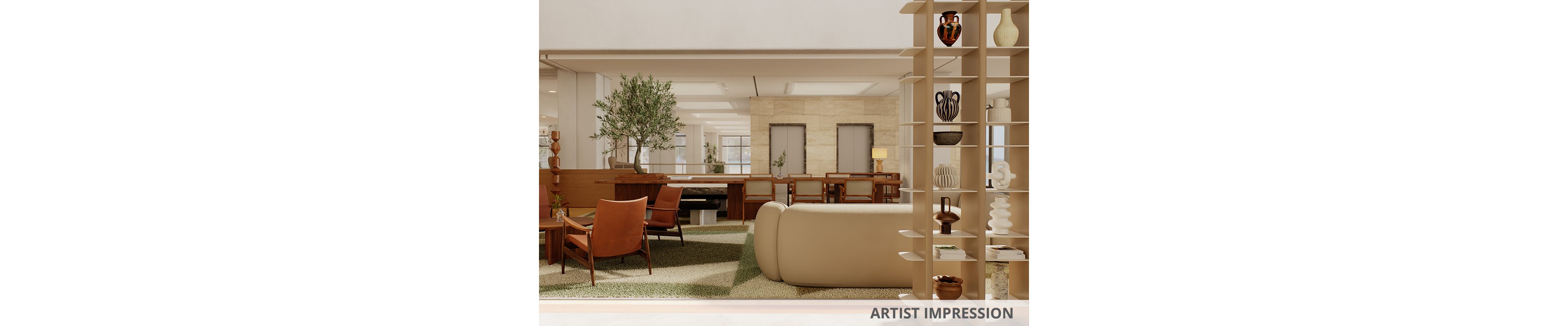 A contemporary living room features a large cream sofa and mid-century style leather armchairs. The open-plan space extends to a dining area with wooden chairs and a long table. Built-in shelving displays decorative vases and sculptures, while indoor plants add greenery. Warm neutral tones, natural wood, and soft lighting create a calm, inviting atmosphere.