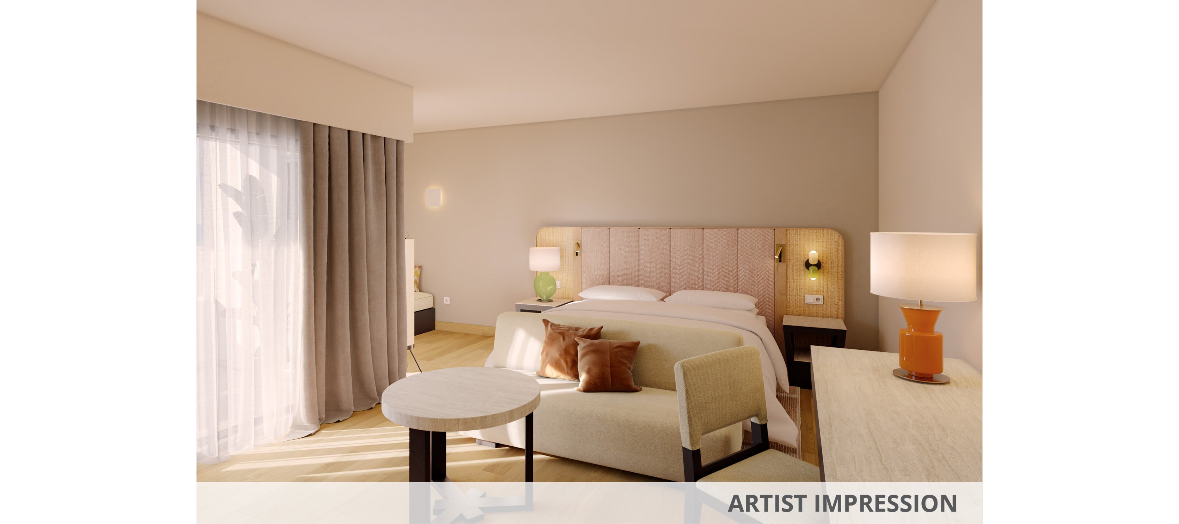 A contemporary hotel bedroom features a neatly made double bed with a padded headboard and accent pillows. Soft natural light filters through sheer curtains covering a large window or balcony door. A small round table, upholstered bench, and chairs create a cozy seating area near the bed. Warm bedside lamps and a desk lamp add ambient lighting, highlighting the neutral tones and minimalist decor.