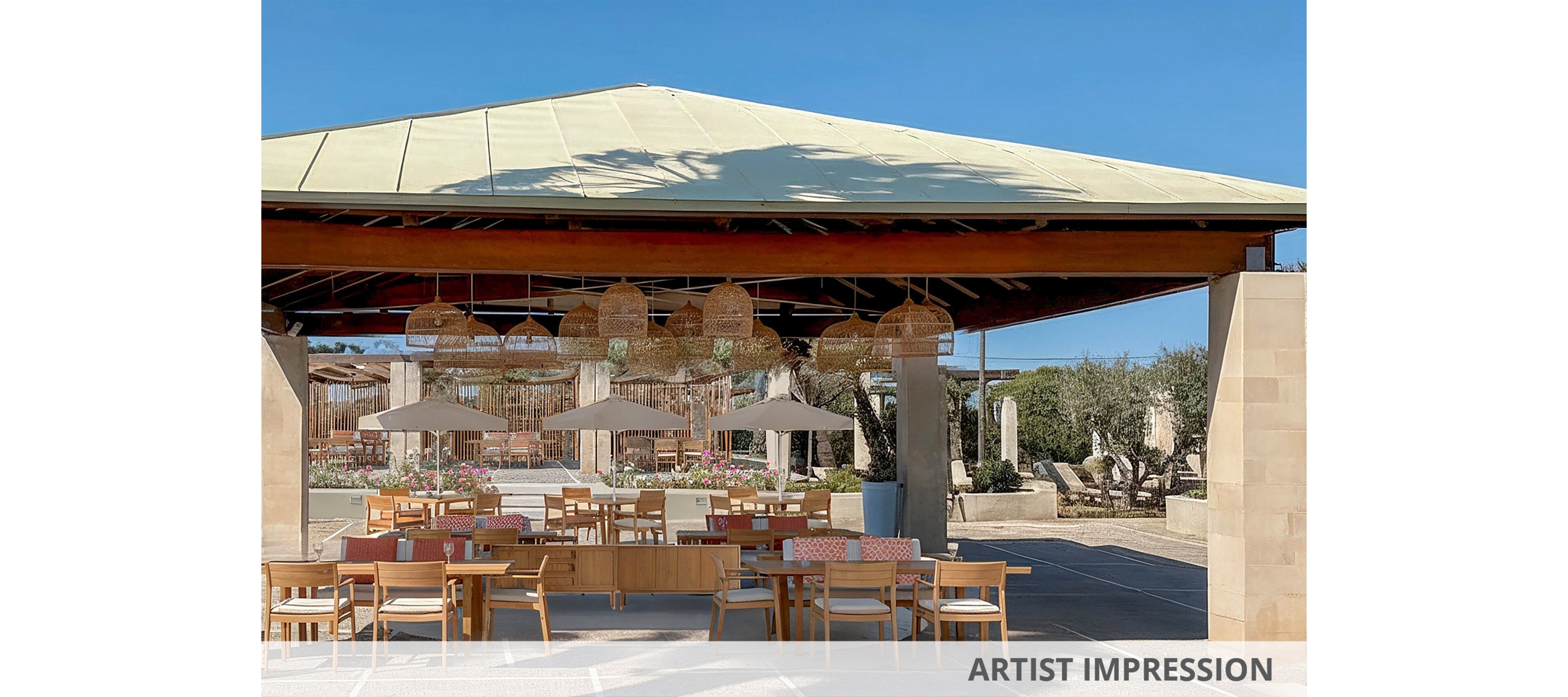 An open-air dining terrace features wooden tables and chairs arranged beneath a large pavilion roof. Neutral-toned umbrellas and woven pendant lights create a relaxed, coastal atmosphere. The background shows additional seating areas, greenery, and clear blue sky suggesting a warm, sunny day. The scene appears calm and inviting, ideal for outdoor meals or lounging at a resort.
