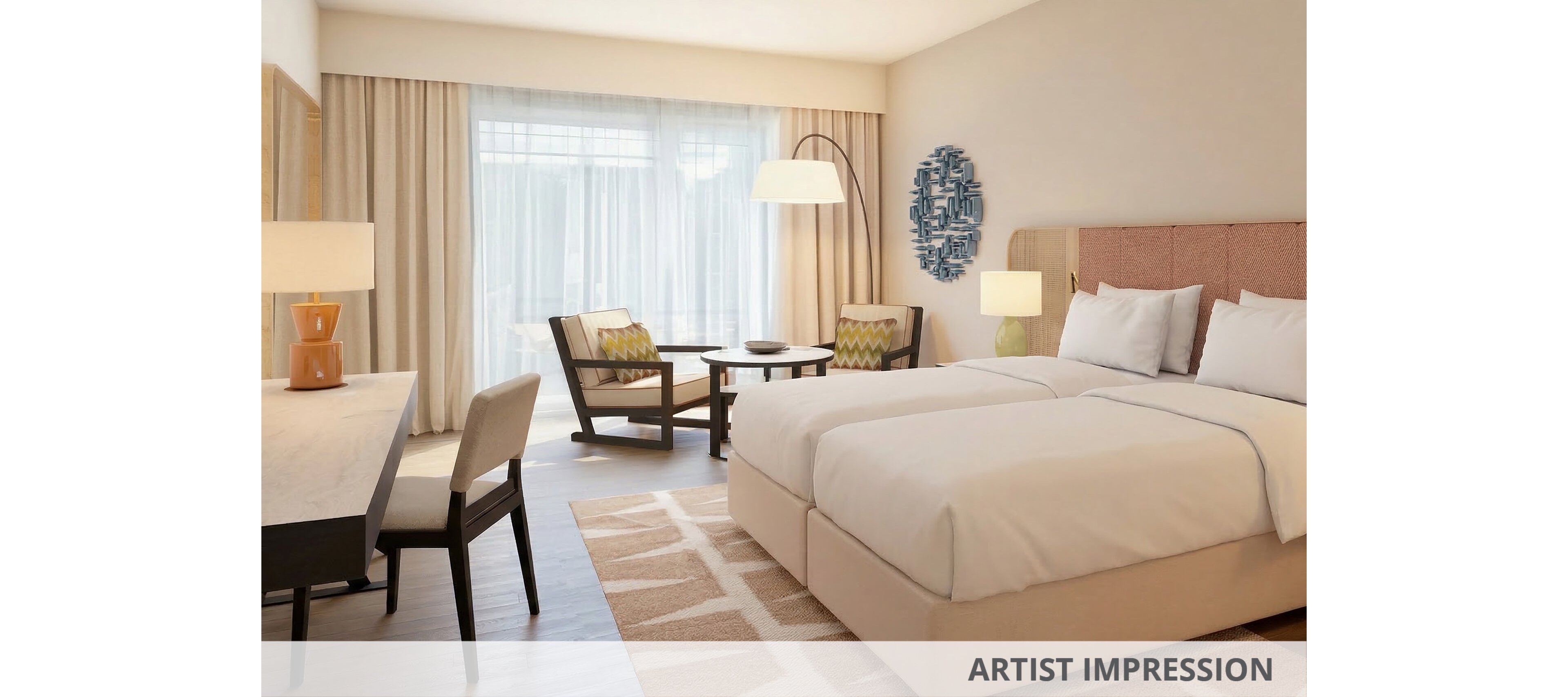 Bright contemporary hotel room featuring two neatly made twin beds with white linens. The space includes a wooden desk with chair, a seating area with armchairs, and a small round table near the window. Large floor-to-ceiling curtains and sheer drapes allow natural light to fill the room. Neutral tones with subtle geometric patterns and a wall art piece create a calm, inviting atmosphere.