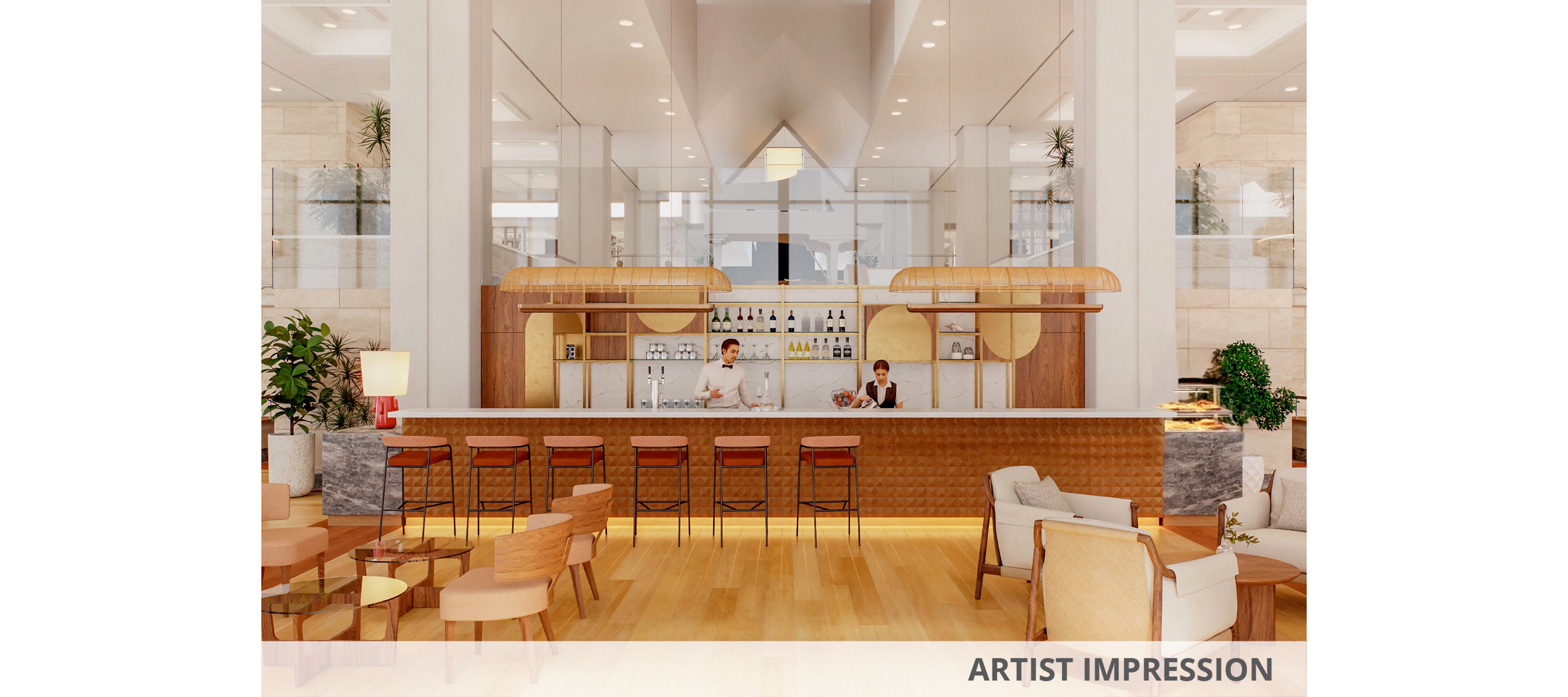 A contemporary bar area features a long marble counter with wooden stools in a bright, open lobby. Two bartenders stand behind the counter preparing drinks, with shelves of bottles and glassware neatly arranged behind them. The space is decorated in warm neutral tones with light wood flooring, soft upholstered chairs, and low tables. Large windows and high ceilings create an airy, inviting atmosphere suitable for socializing or relaxing.
