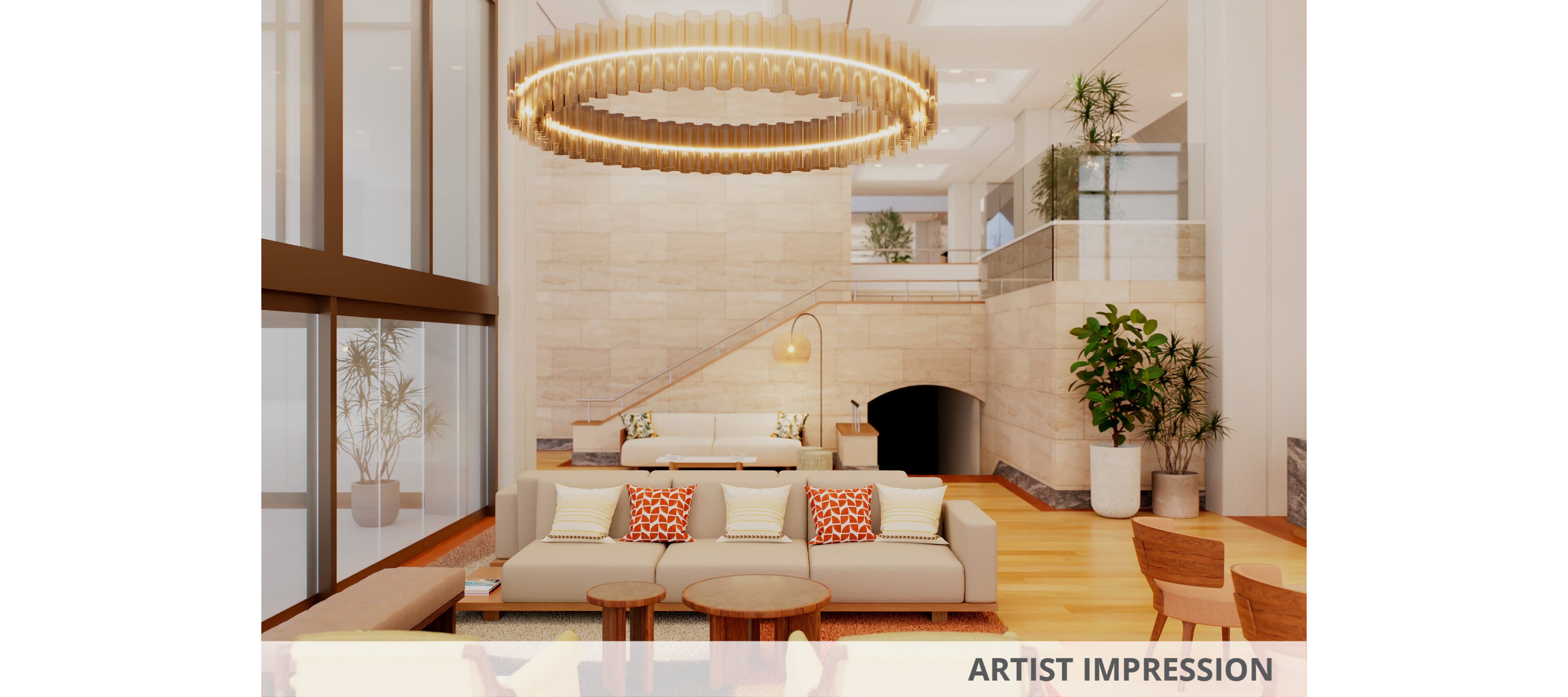 A contemporary lobby features a spacious seating area with sofas, armchairs, and small round tables. A large circular chandelier hangs overhead, casting warm light across the room. Neutral tones are accented by patterned cushions and light wood flooring. Potted plants and a staircase in the background add depth and a welcoming atmosphere.