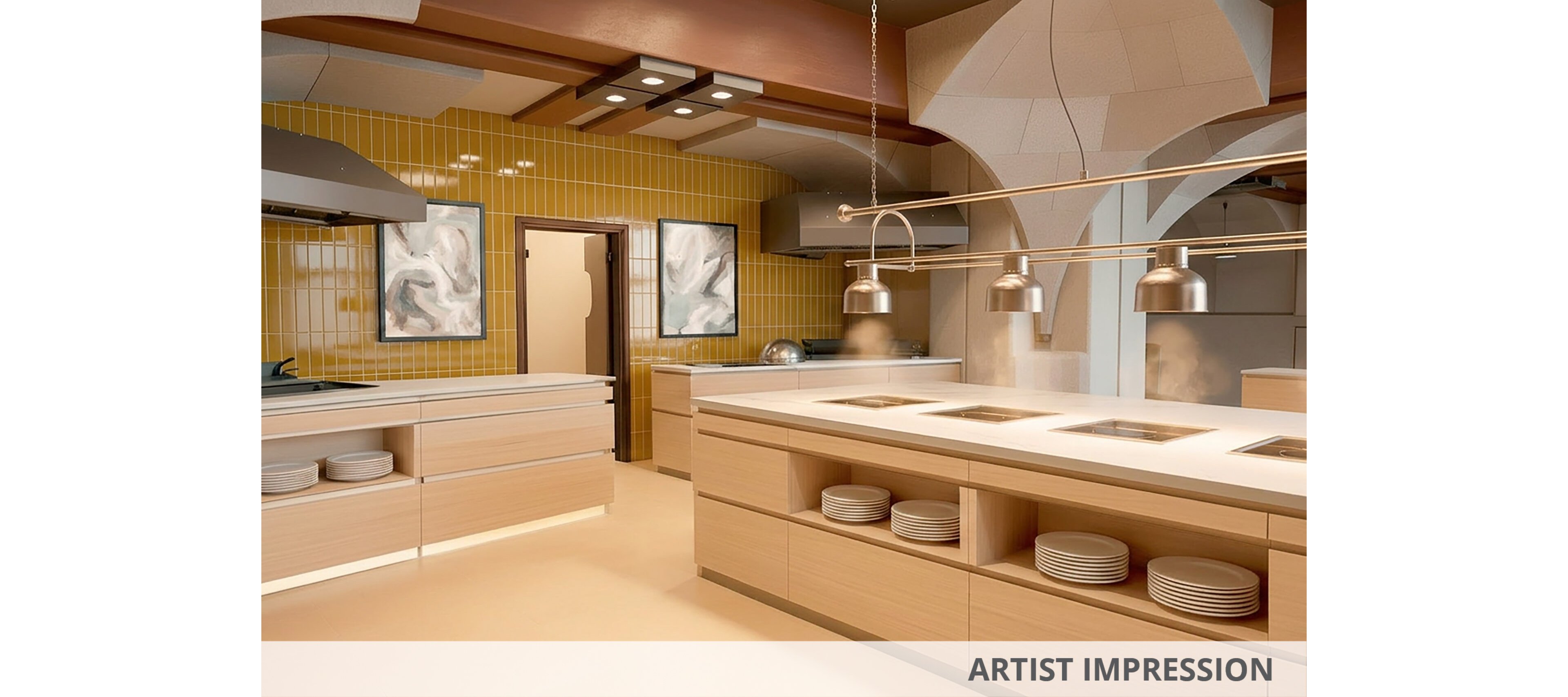 A spacious commercial kitchen features a central serving island with built-in warming wells emitting steam. Light wood cabinetry with open shelving displays neatly stacked white plates. The background includes yellow tiled walls, stainless steel ventilation hoods, and abstract framed artwork. Warm pendant lights and recessed ceiling fixtures create a bright, inviting atmosphere in the professional cooking space.