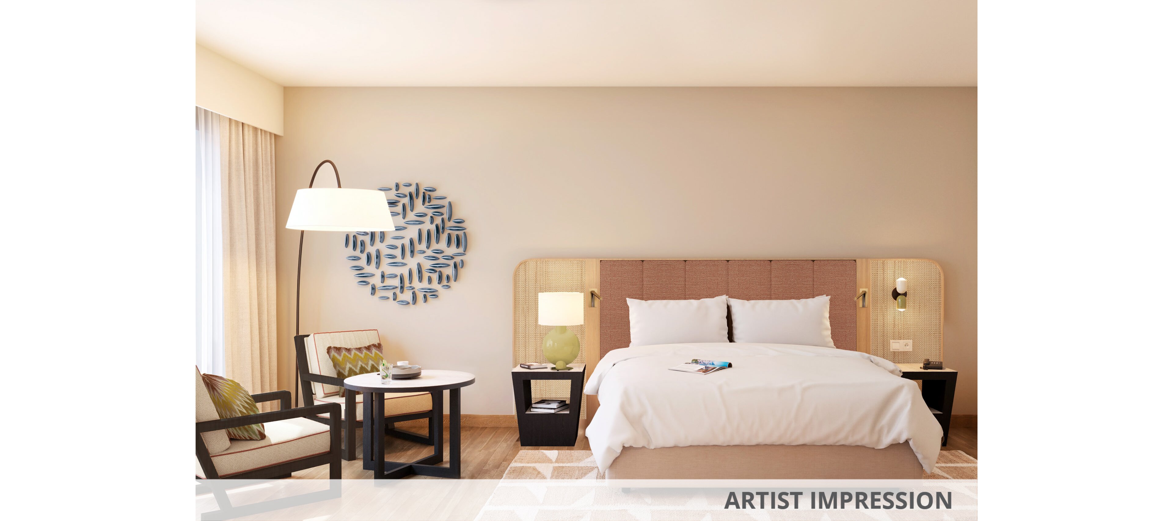 Contemporary hotel bedroom featuring a large neatly made bed with white linens and upholstered headboard. The room includes a small seating area with an armchair, side table, and floor lamp near a large window with sheer curtains. Neutral walls and wooden flooring are accented by a geometric wall art piece and patterned rug. Soft lighting from bedside lamps and natural daylight create a warm, inviting atmosphere.