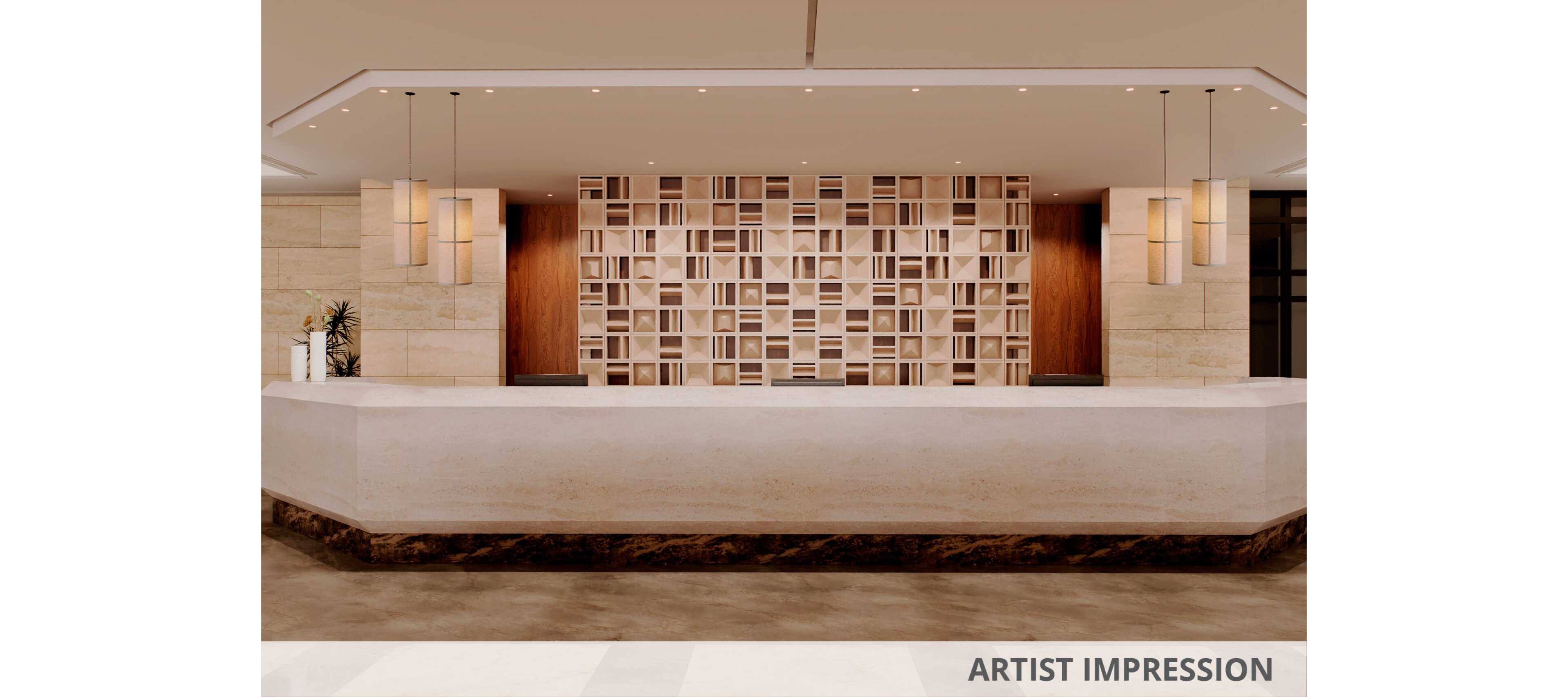 A spacious, modern reception desk dominates the foreground of a contemporary lobby. Behind the counter, a decorative wall with geometric wood and stone panels creates a striking focal point. Pendant lights hang from the ceiling, casting warm, even illumination across the space. The overall design features neutral tones, clean lines, and a polished, upscale atmosphere.