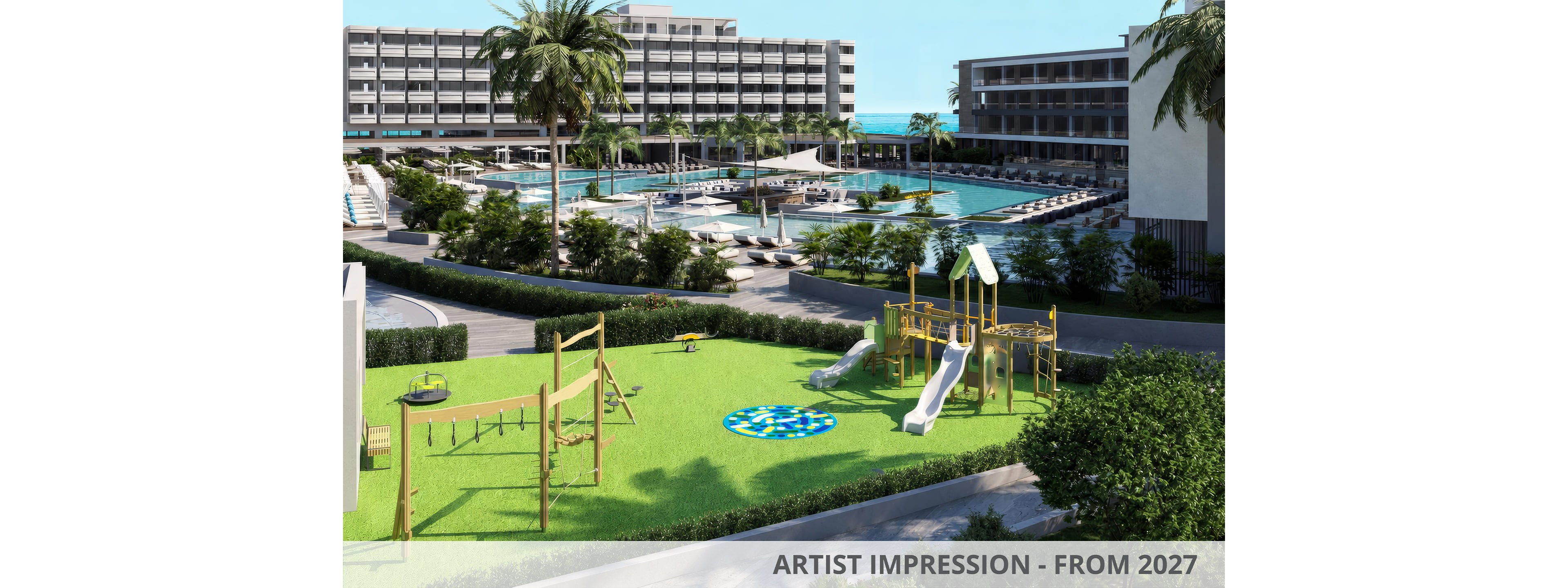 Artist impression of a modern beachfront resort featuring a large central swimming pool surrounded by sun loungers and palm trees. In the foreground, a bright green outdoor playground includes slides, climbing structures, and balance equipment. Contemporary multi-story hotel buildings frame the pool area, with landscaped hedges and pathways connecting the spaces. The scene suggests a family-friendly vacation destination with leisure and recreation facilities.