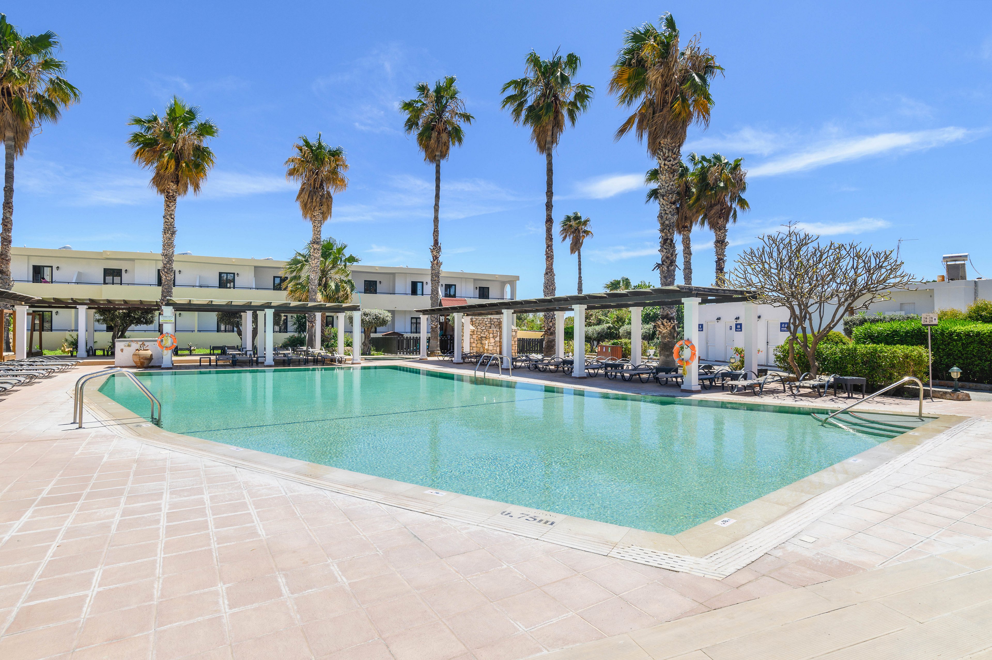 A large outdoor swimming pool sits at the center of a resort courtyard under a clear blue sky. Tall palm trees line the far side of the pool, framing a low white building with multiple windows and balconies. Sun loungers and shaded pergolas surround the pool, suggesting a relaxing vacation setting. The bright sunlight and calm water create a clean, inviting atmosphere ideal for leisure and recreation.