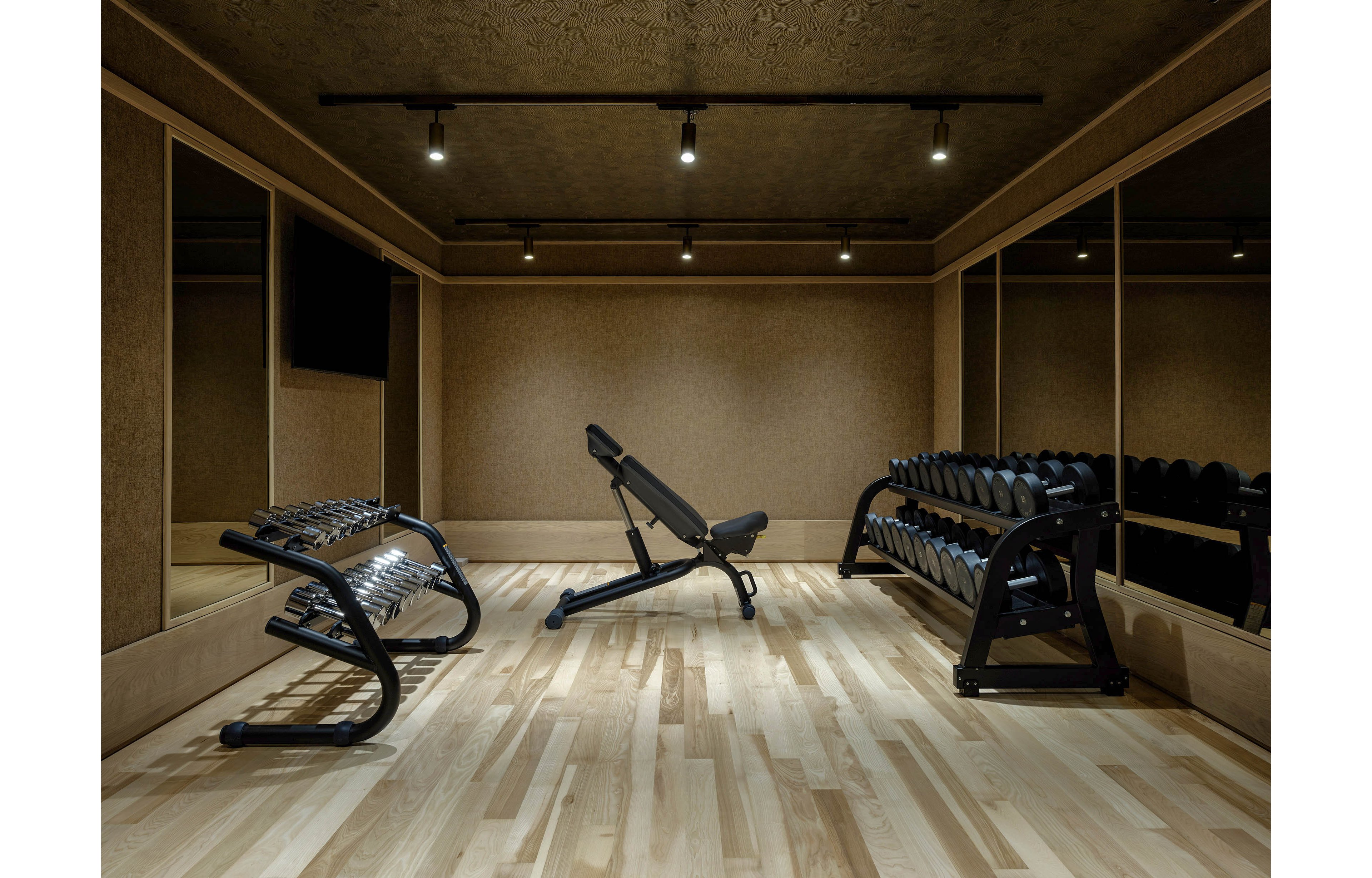 A sleek home gym features a central adjustable weight bench on a light wooden floor. Dumbbell racks with neatly organized free weights line both sides of the room. Recessed ceiling spotlights illuminate the space, reflecting softly off large wall mirrors. The overall design is minimalist and contemporary, emphasizing a clean and focused workout environment.