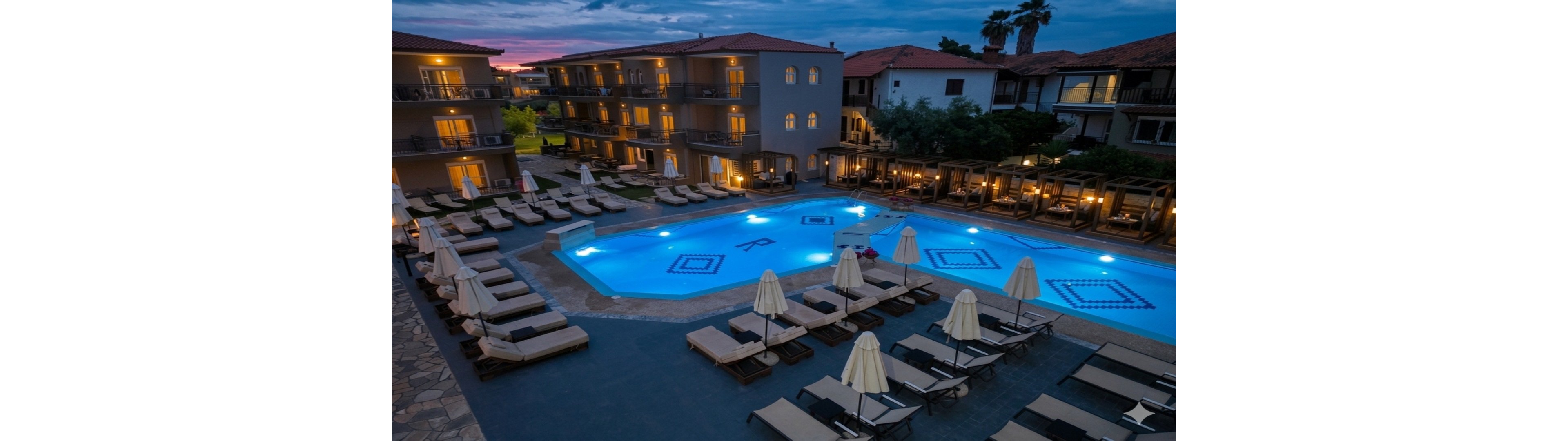 An outdoor hotel swimming pool glows with blue lighting at dusk, surrounded by neatly arranged sun loungers and umbrellas. Multi-story hotel buildings with balconies and warm interior lights frame the pool area. The sky shows the last colors of sunset, adding contrast to the cool pool lighting. Palm trees and nearby structures contribute to a relaxed vacation resort atmosphere.
