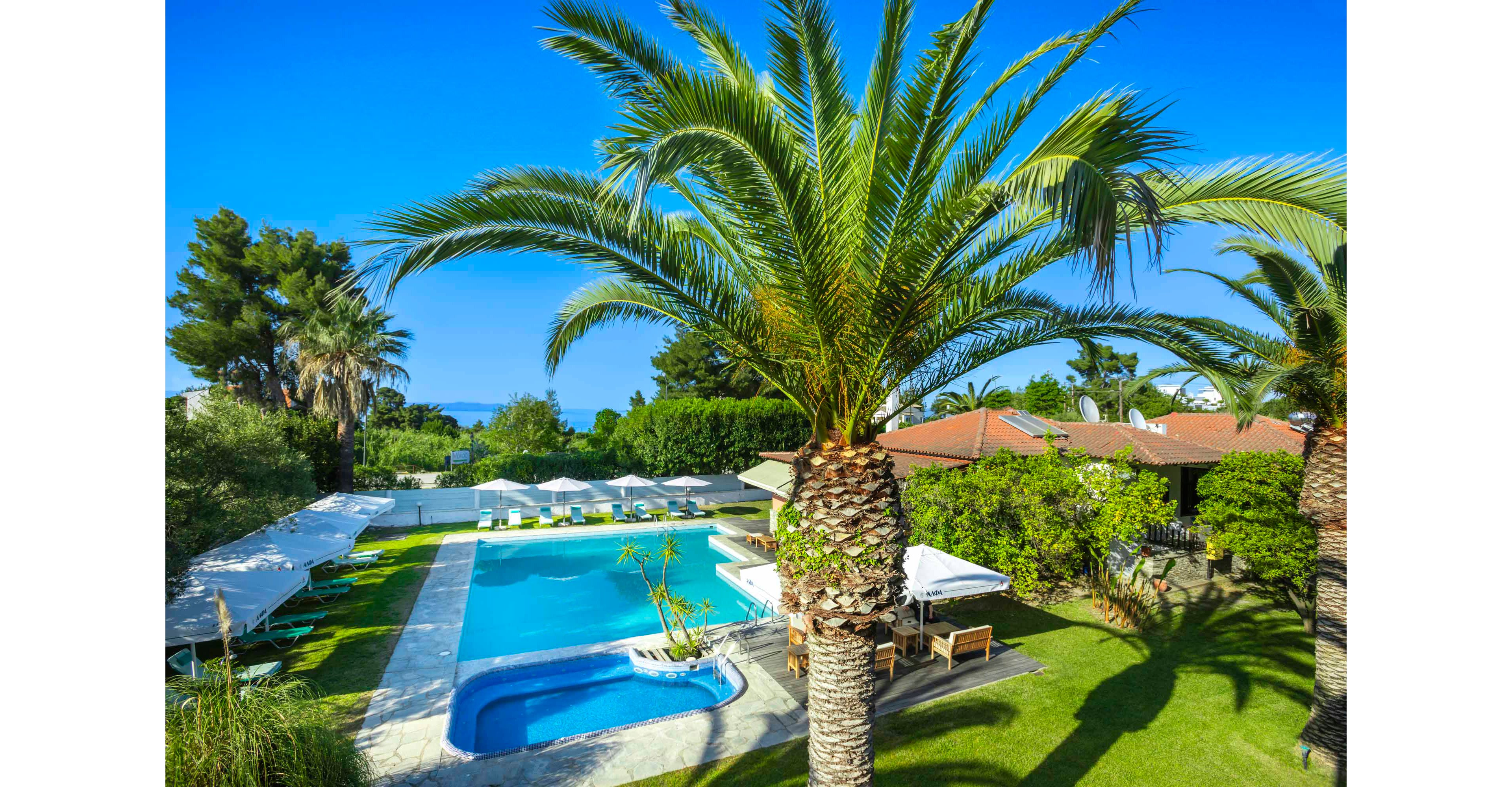 A bright outdoor swimming pool is set in the center of a lush resort garden. Tall palm trees and manicured lawns frame the pool area, with sun loungers and white umbrellas arranged neatly along the deck. Low red-roofed buildings sit in the background, suggesting guest rooms or villas. Clear blue sky and distant greenery create a relaxing vacation atmosphere.