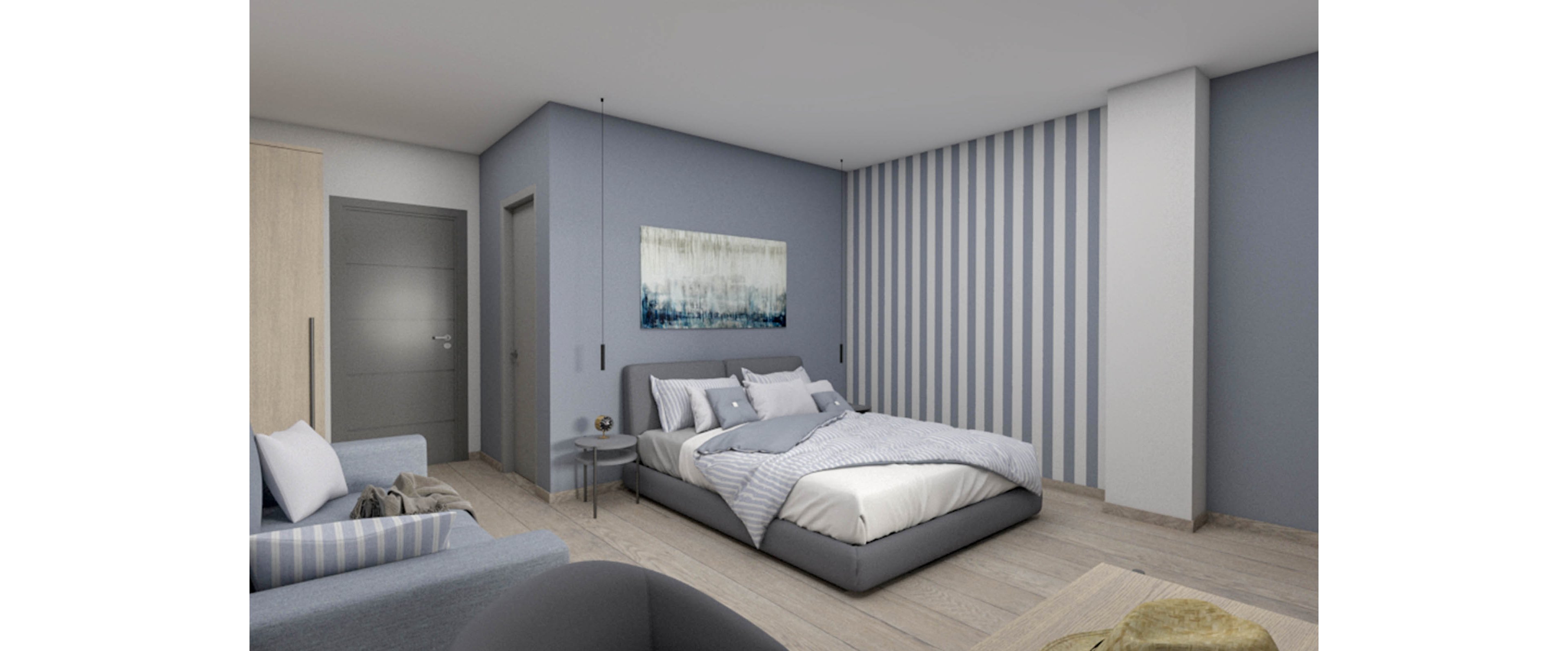 A contemporary bedroom features a low-profile bed with layered pillows and bedding in neutral and soft blue shades. The room is decorated with a striped accent wall and a large abstract painting above the bed. Light wood flooring, a small bedside table, and a cozy seating area with striped cushions complete the minimalist design. The overall atmosphere is calm, clean, and inviting.