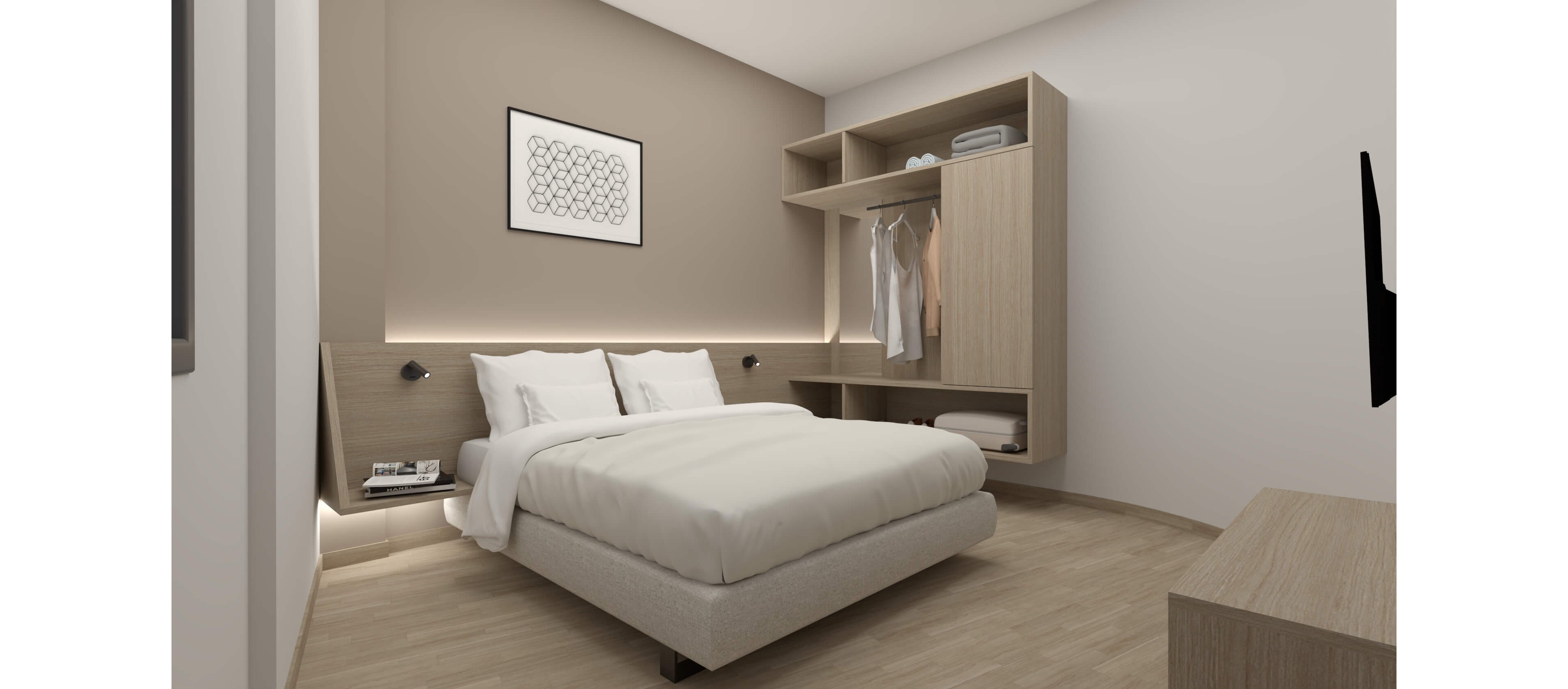 A contemporary bedroom features a neatly made double bed with white linens against a taupe accent wall. An open wooden wardrobe with hanging clothes and shelves stands to the right of the bed. Soft indirect lighting runs along the headboard, complemented by two small wall-mounted reading lamps. The room has light wood flooring, a simple framed artwork above the bed, and a television mounted on the opposite wall, creating a clean and minimalist atmosphere.