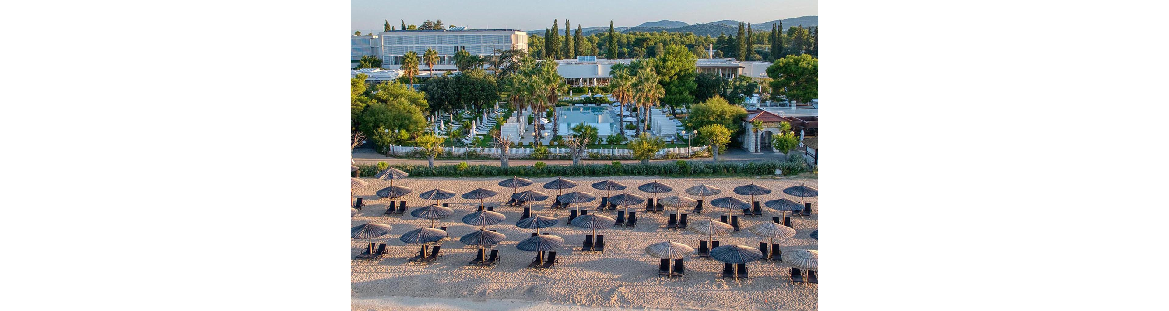 An aerial view shows a tranquil beachfront resort with rows of dark umbrellas and sun loungers neatly arranged on a sandy shore. Clear turquoise water gently meets the beach in the foreground. Behind the beach, lush green trees and palm-lined pathways lead to modern low-rise buildings and pools. The scene is bathed in warm daylight under a clear blue sky, suggesting a calm summer vacation atmosphere.