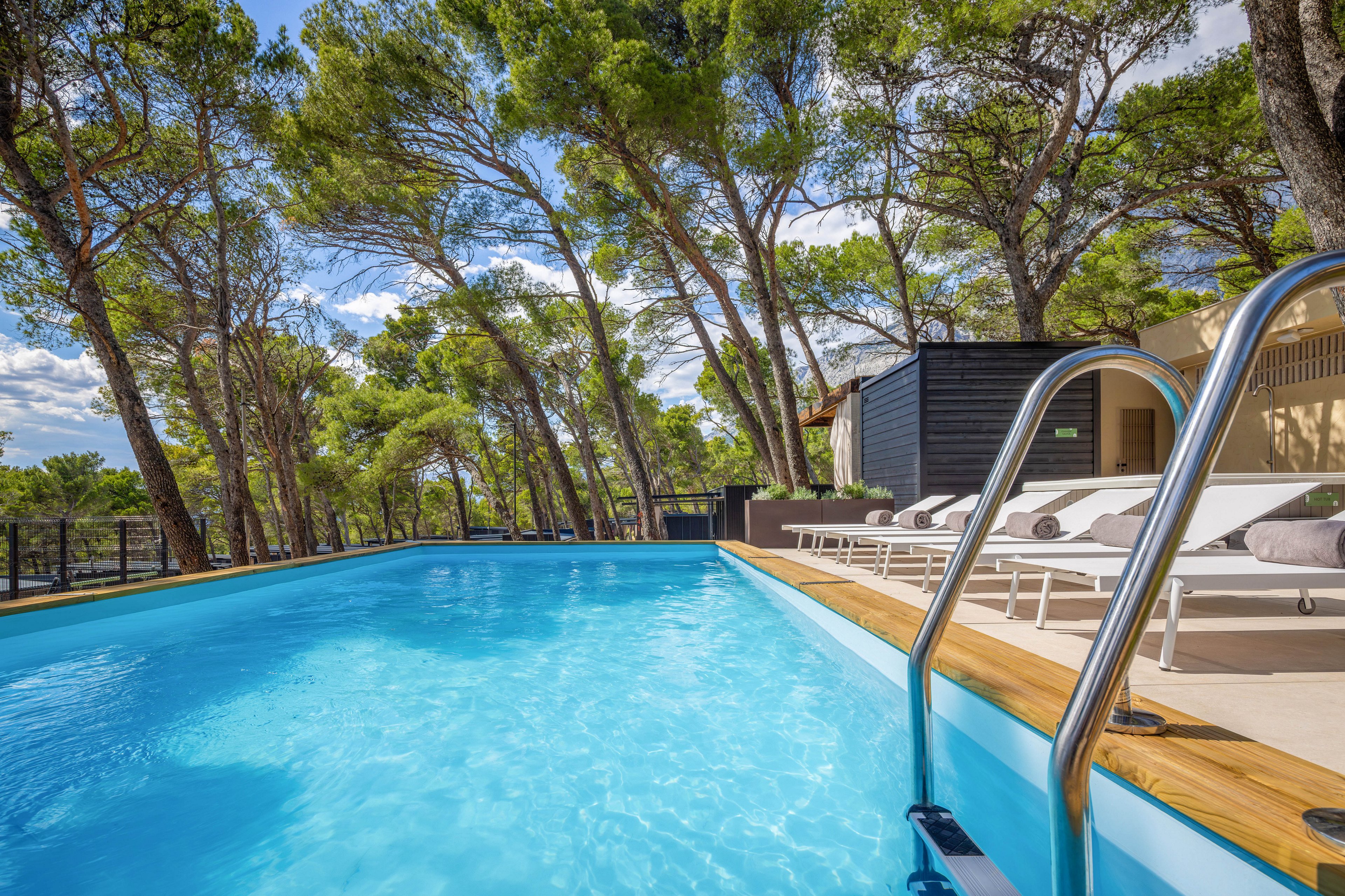 A bright blue outdoor swimming pool is surrounded by tall pine trees, creating a tranquil retreat. White sun loungers with cushions line the wooden deck beside the pool, inviting relaxation in the shade and sun. A metal ladder descends into the clear water, while a contemporary dark-clad building sits nearby. The scene suggests a peaceful vacation setting in nature with a clean, modern design.
