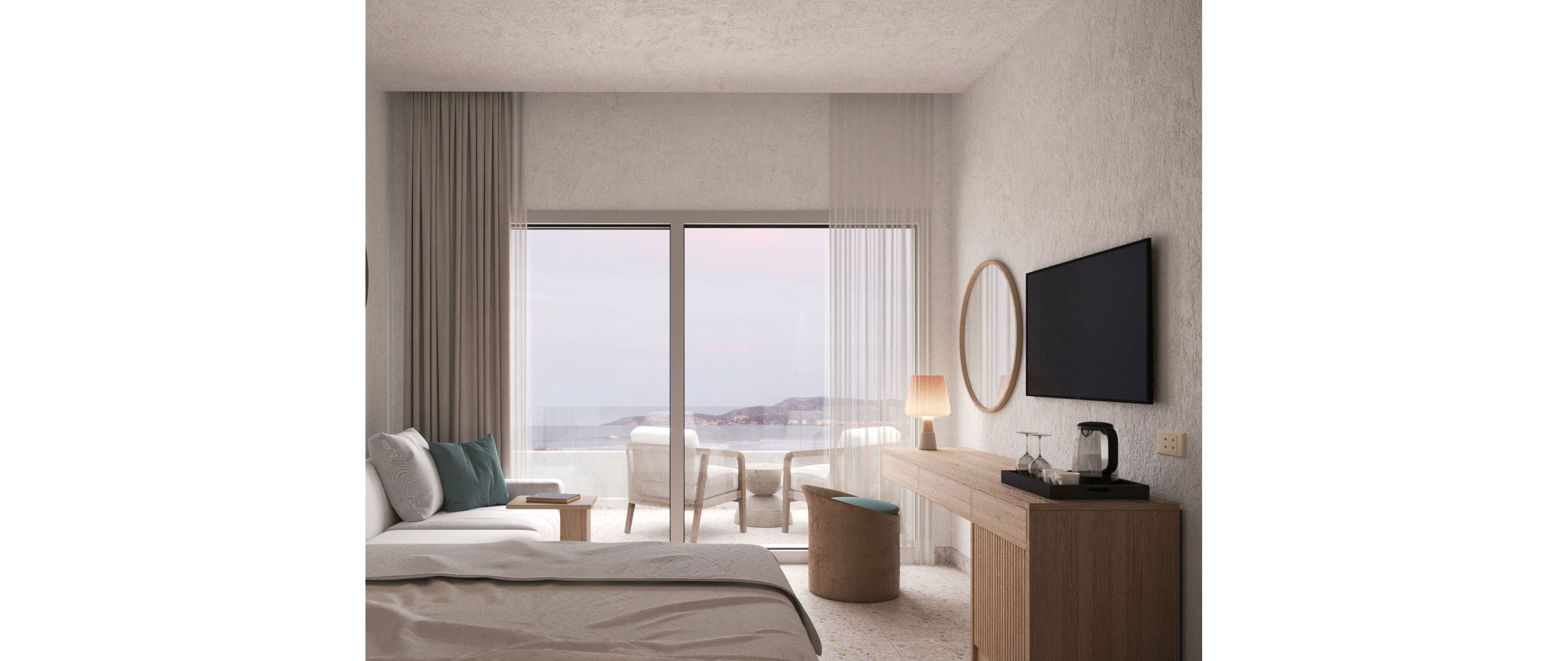 A contemporary hotel room features a neatly made bed facing a large window with a sea view. Soft neutral tones dominate the space, complemented by wooden furniture and minimal decor. A flat-screen TV, round wall mirror, and small coffee station sit on a long wooden console. Sheer curtains filter the natural light, while a warm table lamp and cushioned seating area create a relaxing atmosphere.