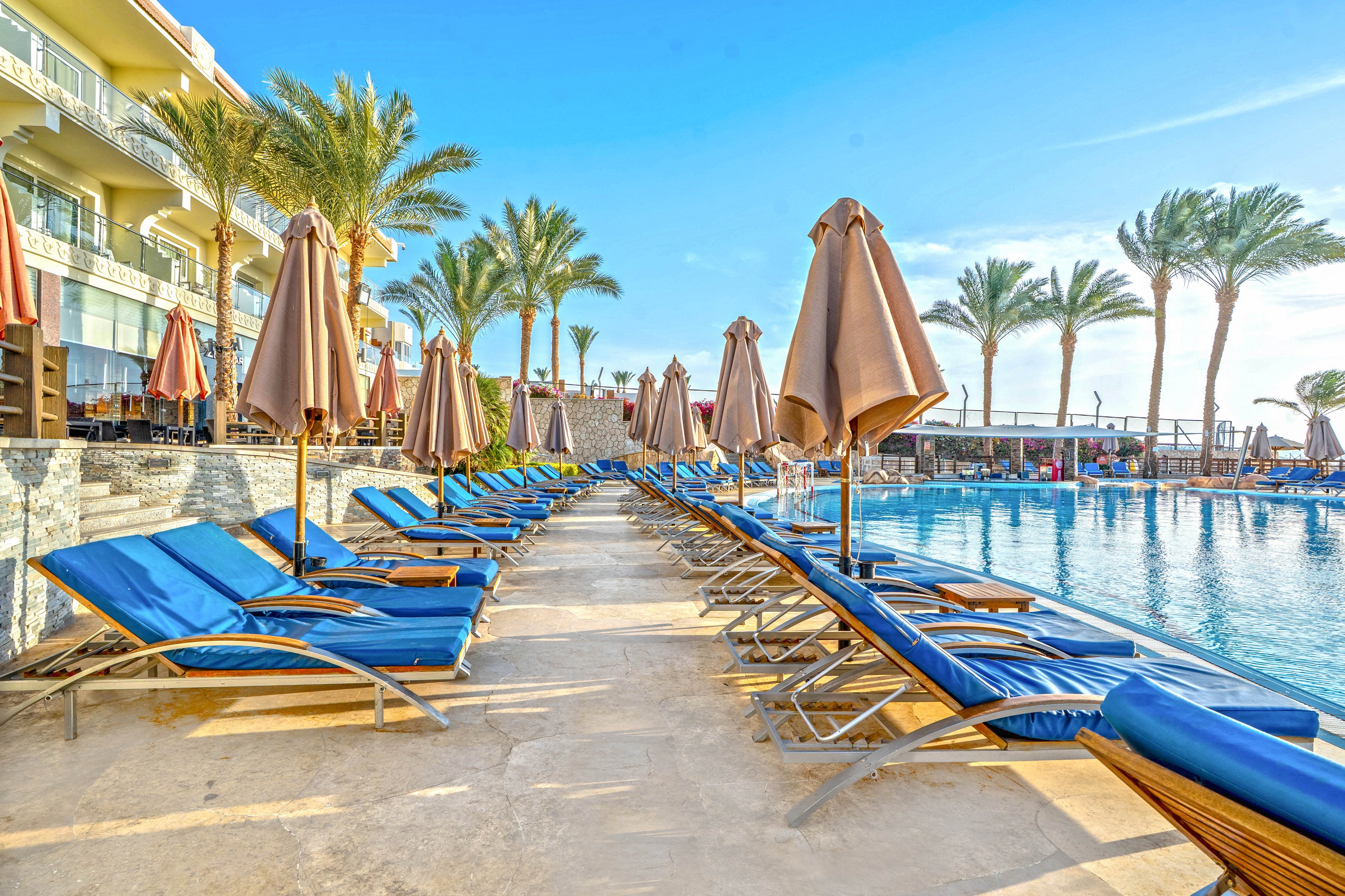 A row of blue sun loungers lines the edge of a large outdoor swimming pool at a resort. Closed beige umbrellas stand between the chairs, suggesting a quiet, early or late daytime setting. Palm trees frame the pool area, and multi-story hotel buildings with balconies overlook the scene. The bright sunlight and clear sky create a warm, inviting vacation atmosphere.