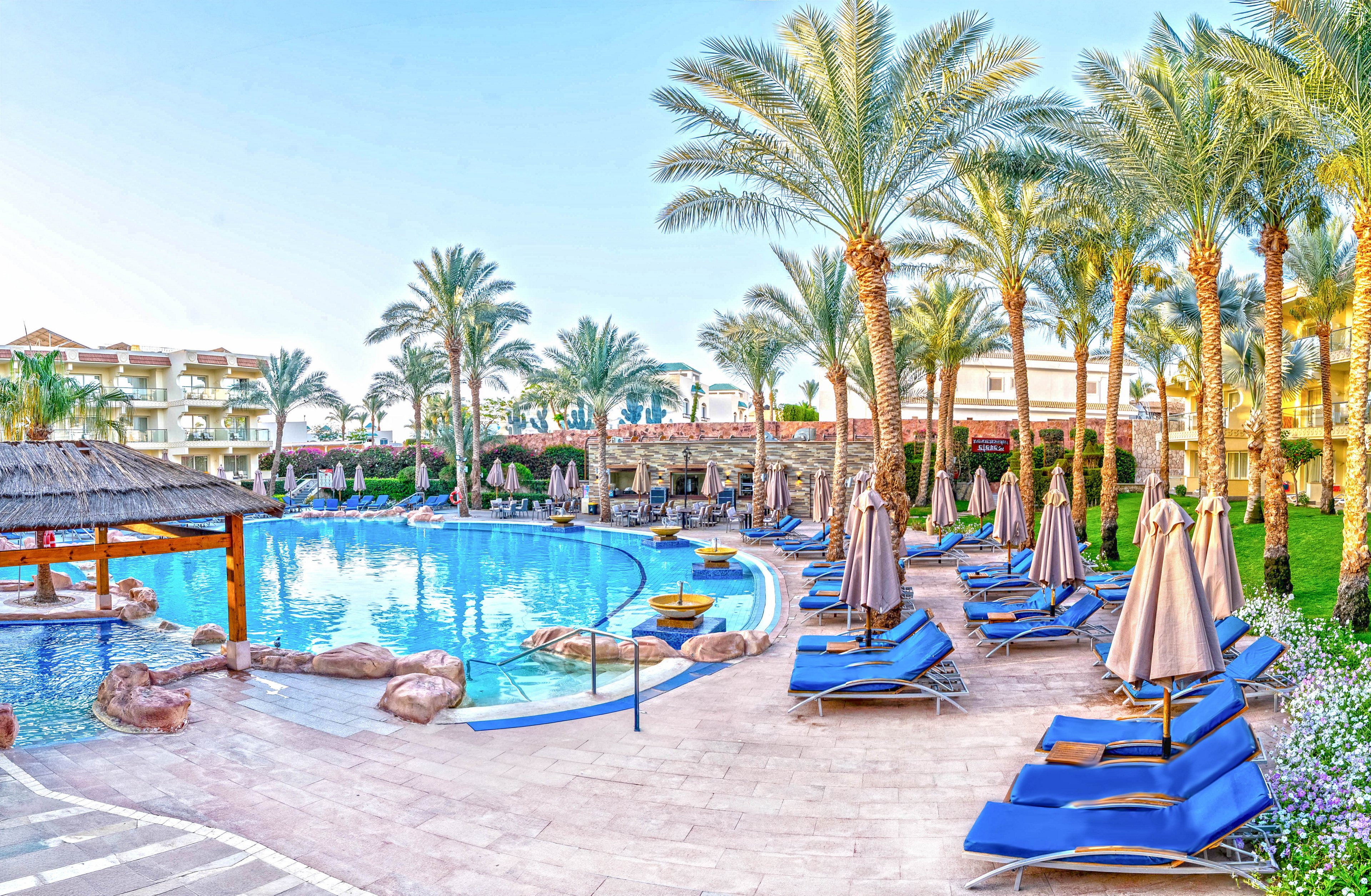 A large resort swimming pool is surrounded by blue lounge chairs and beige umbrellas under tall palm trees. The scene features clear blue water, a small wooden shade structure, and stone accents around the pool edge. Multi-story hotel buildings line the background, suggesting a vacation destination. The bright daylight and clear sky create a warm, inviting atmosphere for relaxation.