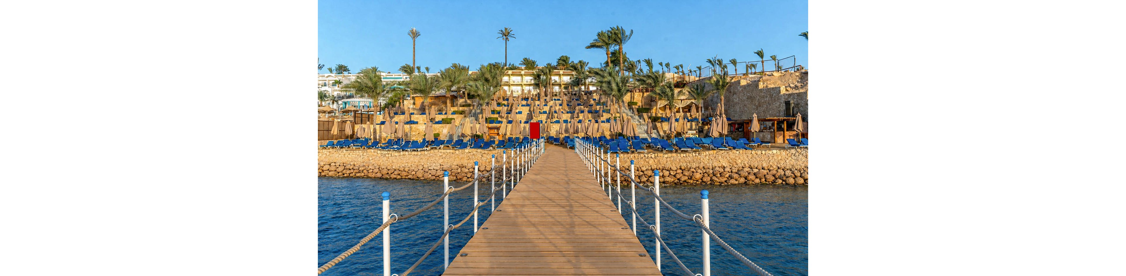 A wooden pier with white railings extends over calm blue water toward a beachfront resort. Rows of blue sun loungers and straw umbrellas line the rocky shore, creating a dense pattern up the hillside. Palm trees rise above the terraces, and low-rise buildings are visible in the background under a clear blue sky. The scene suggests a sunny, tranquil vacation destination on the coast.