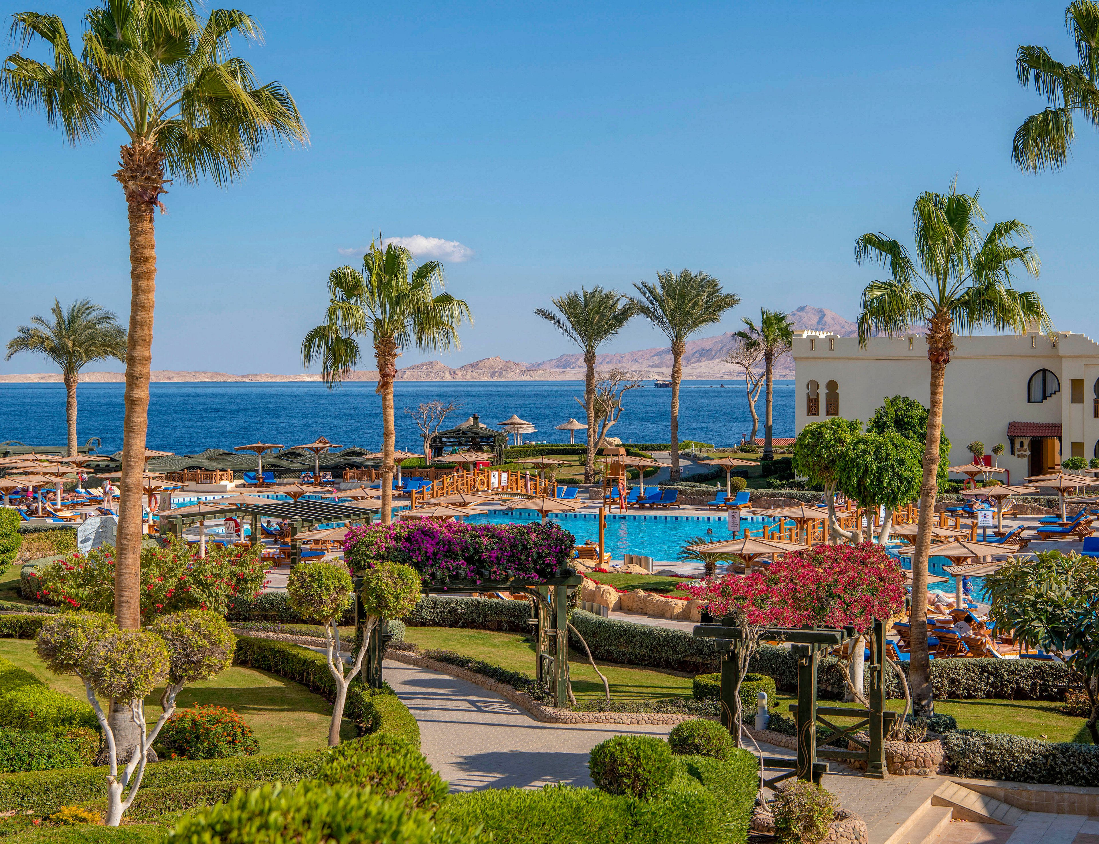 A scenic luxury resort featuring a large pool surrounded by palm trees and vibrant landscaping. The setting overlooks a calm blue sea with distant mountains visible on the horizon. The area includes sun loungers, shaded seating, and well-maintained gardens, creating a relaxing vacation atmosphere.