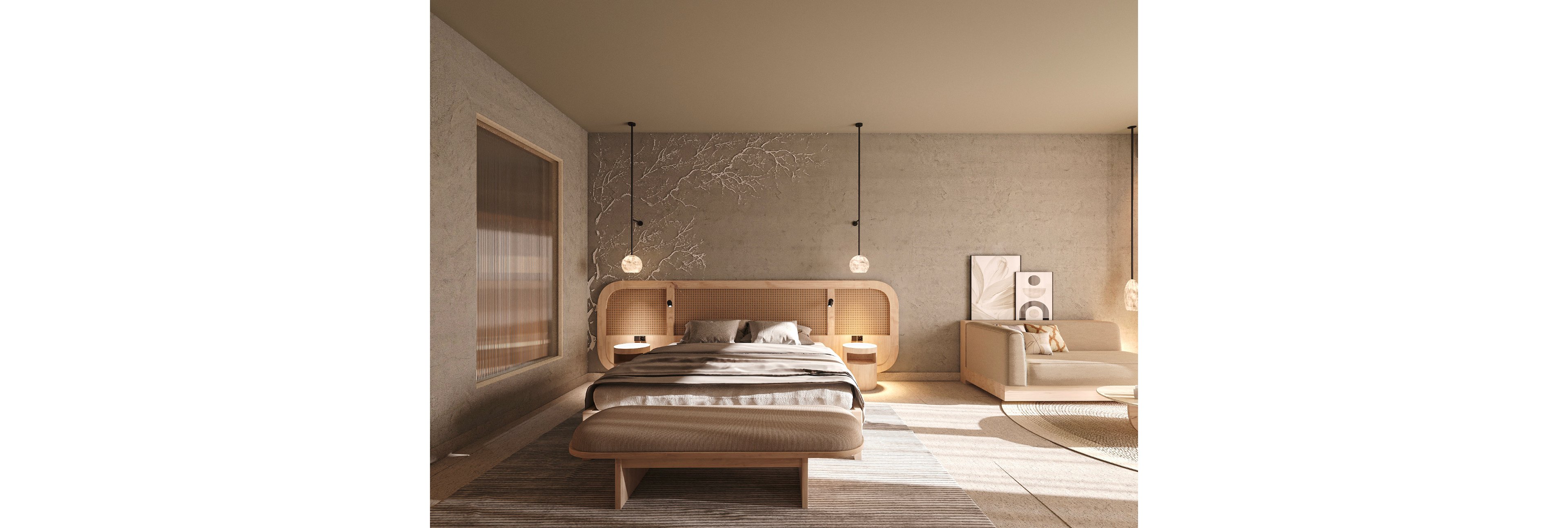 A contemporary bedroom features a low wooden bed centered against a textured wall with subtle branch artwork. Pendant lights hang on either side of the bed, illuminating matching bedside tables and a soft area rug. To the right, a modern sofa and framed abstract art create a cozy sitting area near the window. Warm neutral tones and natural materials give the space a calm, minimalist atmosphere.