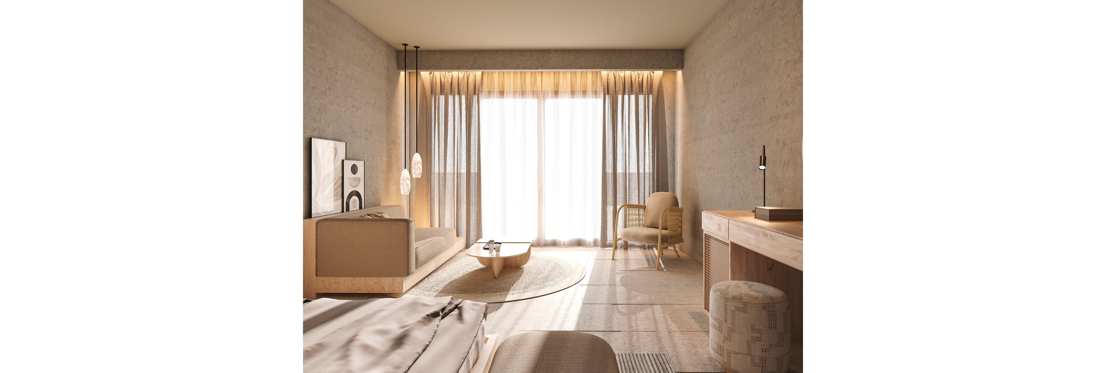 A contemporary hotel room features minimalist furniture in soft neutral tones. Floor-to-ceiling windows with sheer curtains allow natural light to fill the space. A low sofa, round coffee table, and accent chair create a cozy seating area opposite a simple desk and stool. Warm lighting and textured walls contribute to a calm, serene atmosphere.