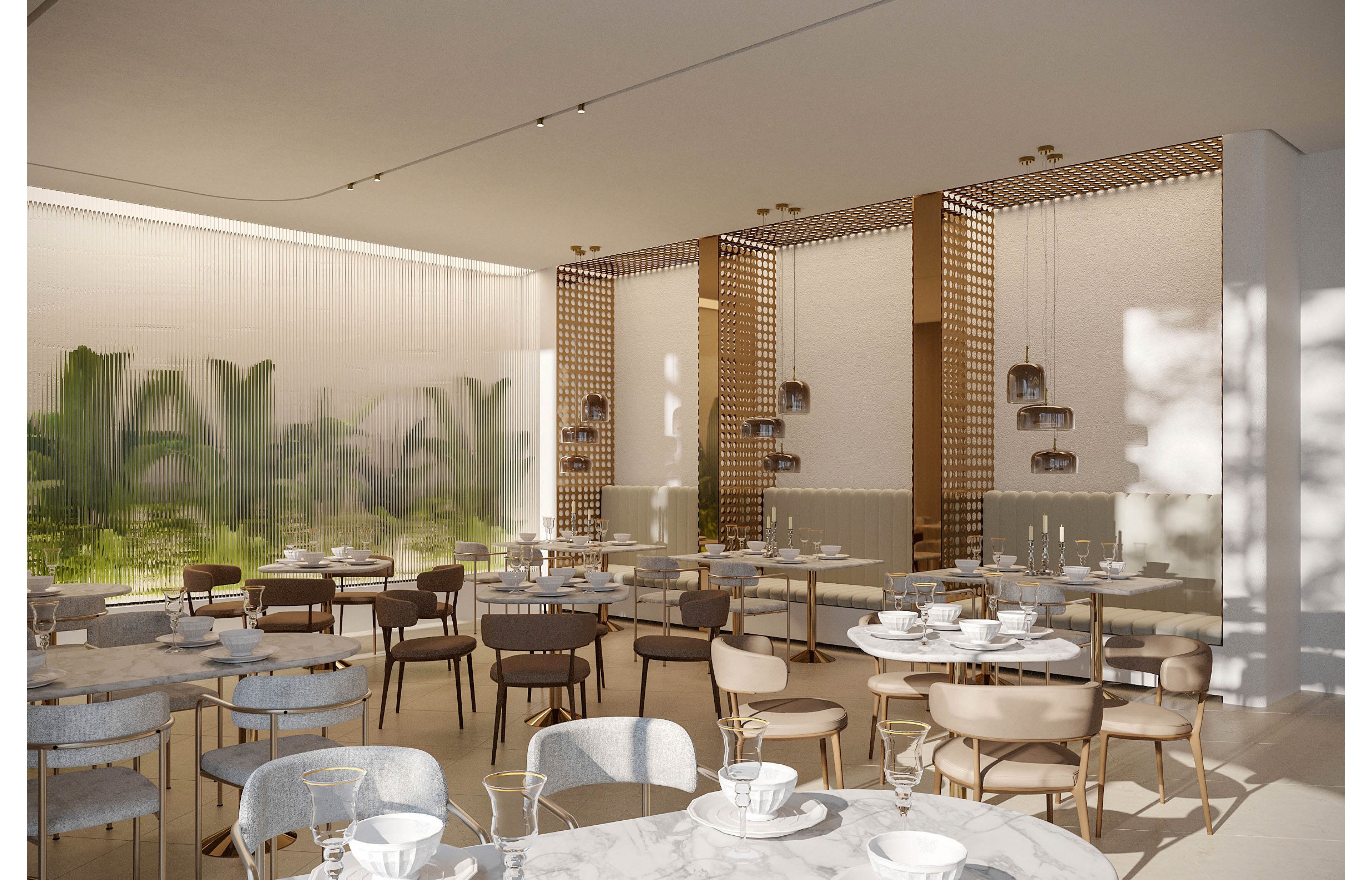 Contemporary restaurant dining area featuring light-toned tables and upholstered chairs arranged in neat rows. Large floor-to-ceiling windows reveal lush green plants outside, adding a natural backdrop to the space. Decorative wooden partitions and hanging pendant lights create subtle zones and a warm, inviting atmosphere. Table settings with white dishes and glassware emphasize a clean, minimalist design aesthetic.