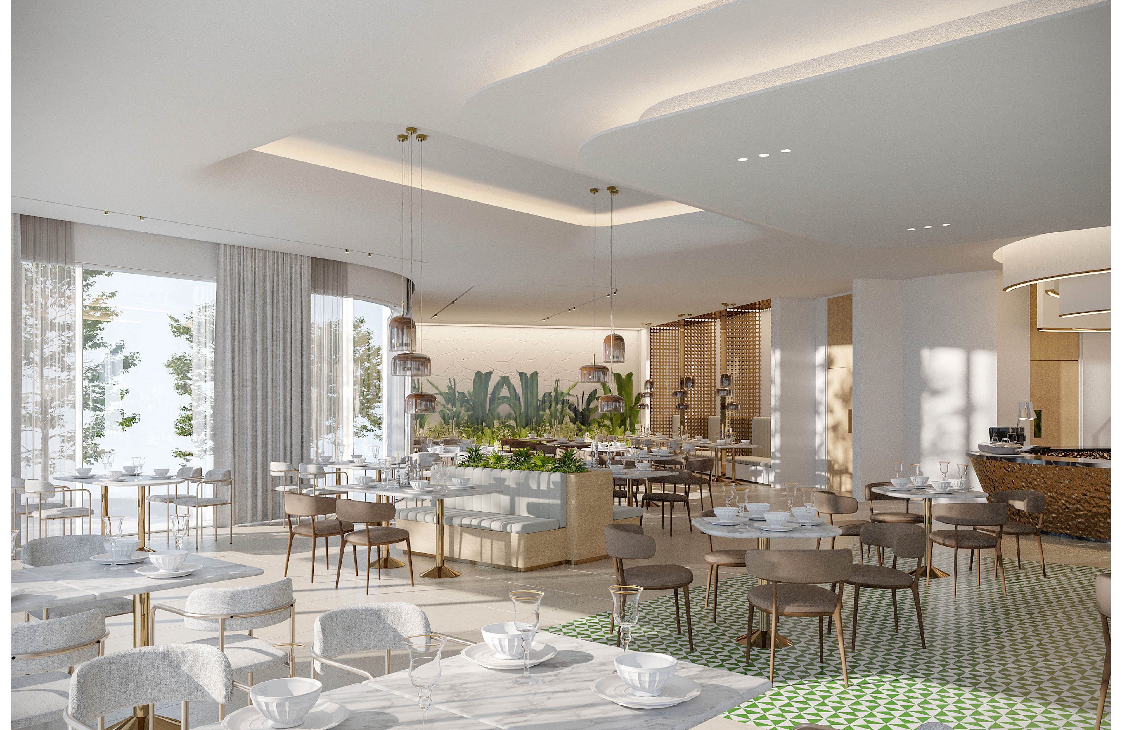 Spacious modern restaurant dining area with light neutral tones and abundant natural light. Round tables and minimalist chairs are arranged neatly across the room, with tableware set and ready for guests. Large windows with sheer curtains frame views of trees outside, while indoor plants and decorative lighting add warmth. Green patterned floor tiles and soft ceiling lighting contribute to the airy, contemporary atmosphere.