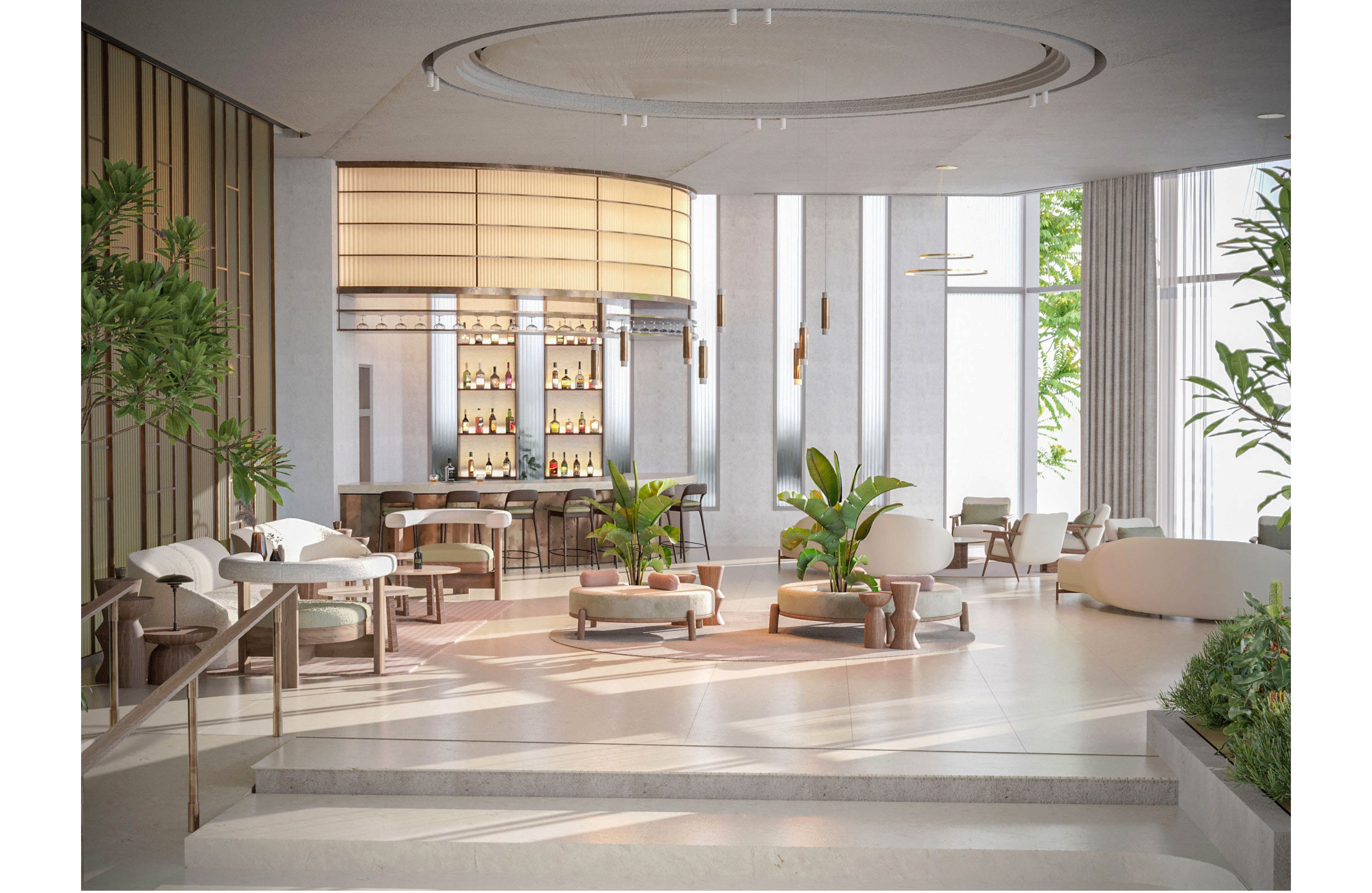 A contemporary hotel lobby lounge features a sleek bar at the back with illuminated shelves of bottles. Soft armchairs and low tables are arranged across the open space, creating multiple seating areas for guests. Large windows and indoor plants bring in natural light and greenery, enhancing the airy atmosphere. Neutral tones, smooth surfaces, and minimalist decor contribute to a calm, upscale setting.