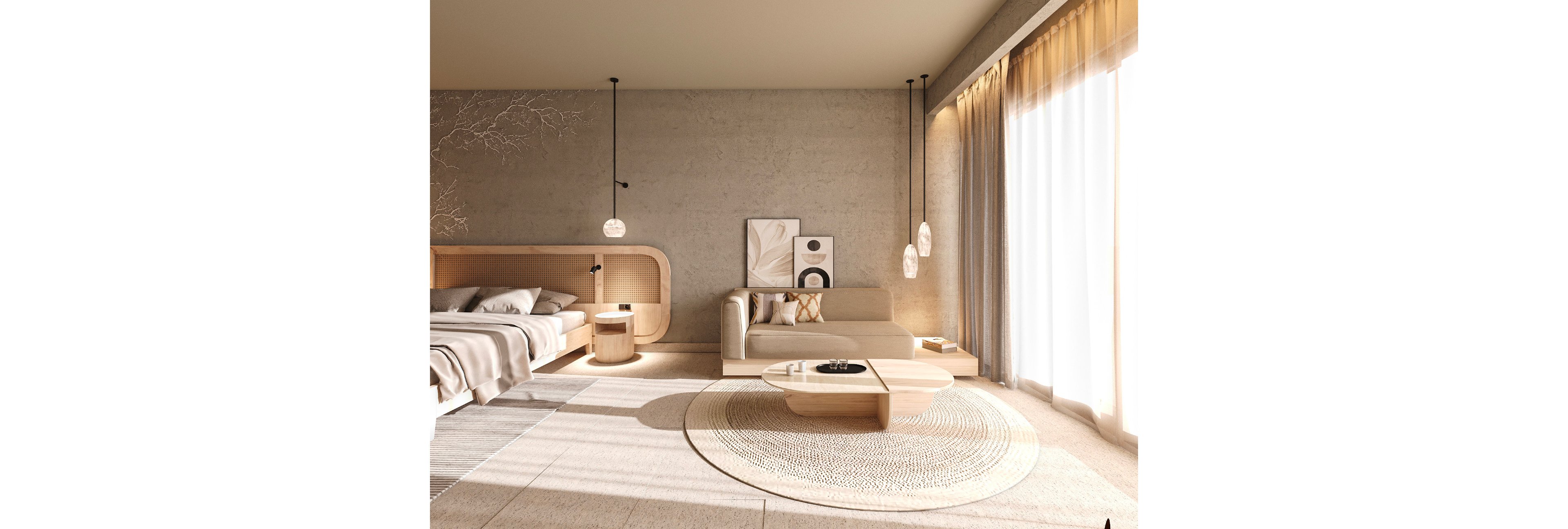Contemporary open-plan interior combines a bedroom and living area in soft neutral tones. A low bed with light bedding sits beside a compact sofa and sculptural coffee table. Large floor-to-ceiling curtains filter warm natural light across textured walls and a round woven rug. Subtle pendant lights and minimalist artwork enhance the calm, modern aesthetic.