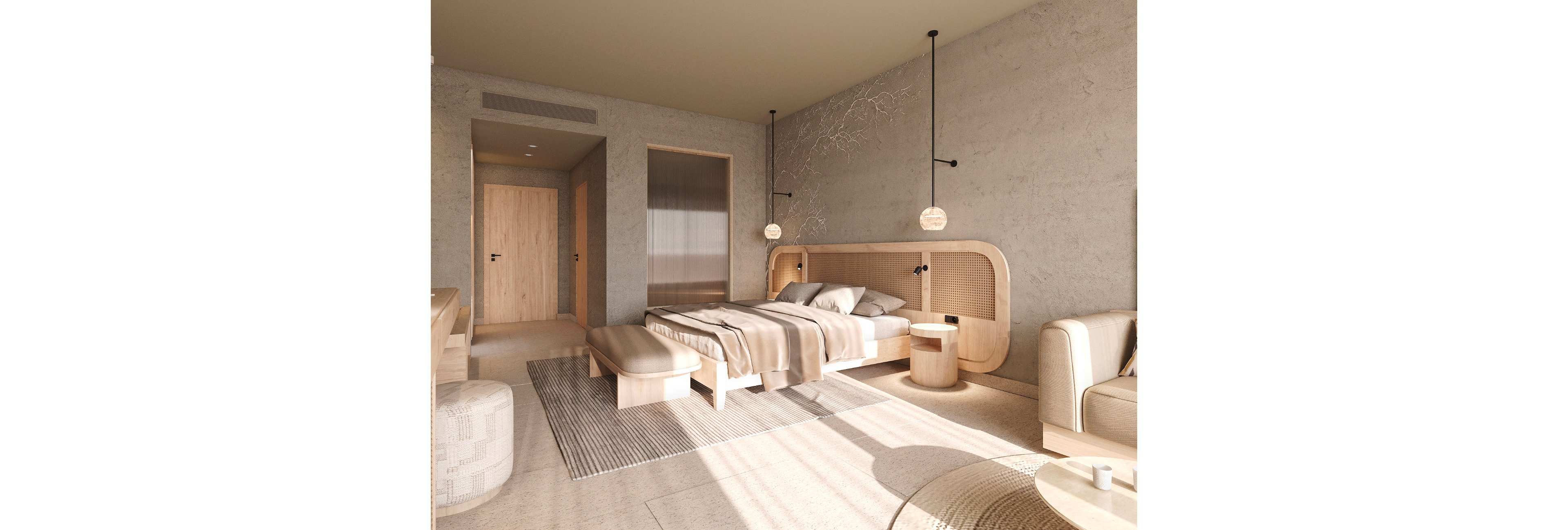 A contemporary bedroom features a low wooden bed with neutral bedding and soft cushions. The space is designed in a minimalist style with light wood furniture, textured walls, and a large area rug. Pendant lights hang above the headboard, casting warm light across the room. Sunlight streams through an unseen window, creating a calm and inviting atmosphere with soft shadows on the floor.