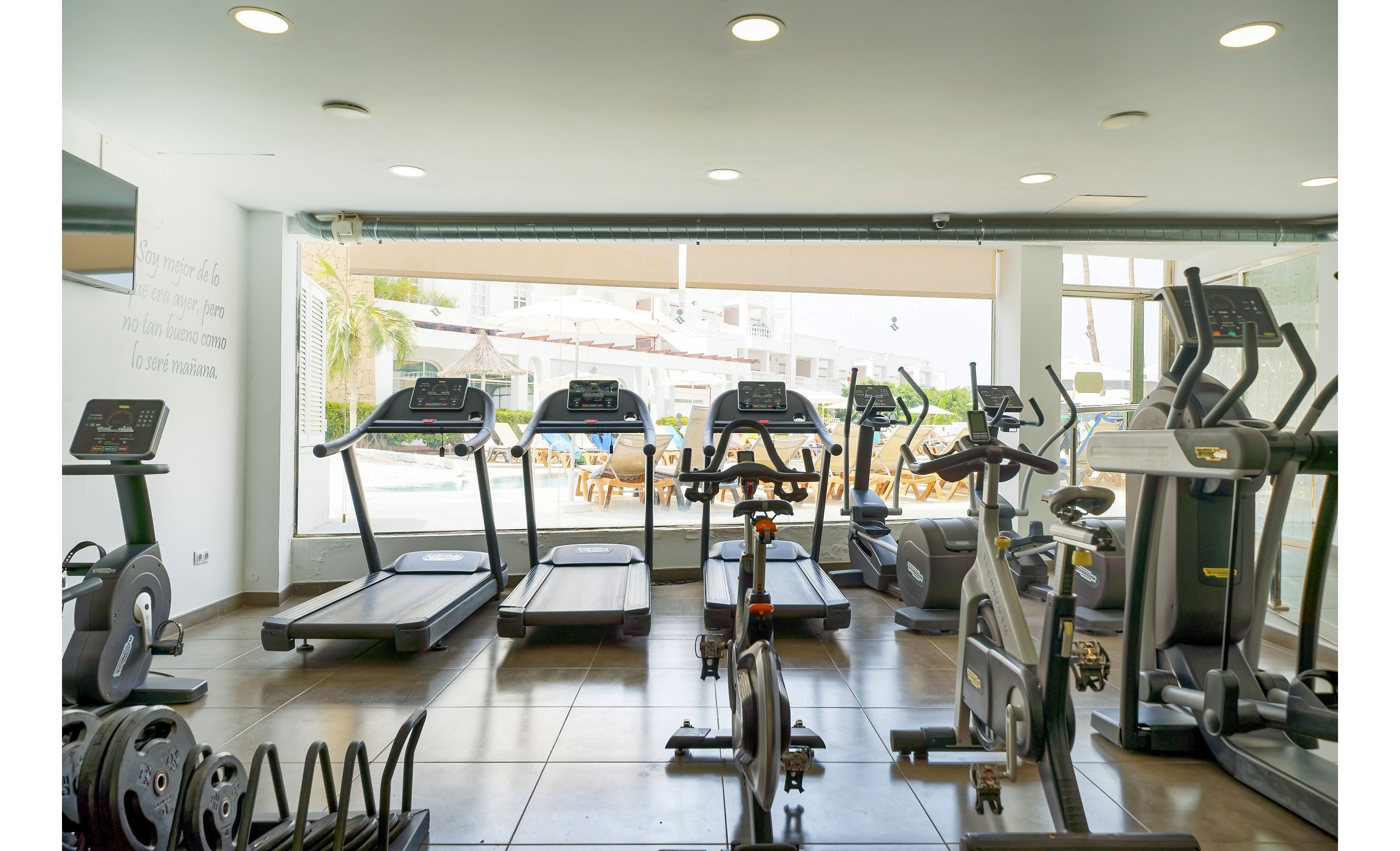 A modern fitness room features several treadmills lined up facing large windows. Stationary bikes and elliptical machines are arranged on a tiled floor, with weight plates visible in the foreground. Natural light floods the space from the glass wall, offering a view of an outdoor pool and lounge area. The clean, organized layout creates an inviting environment for cardio and strength training.