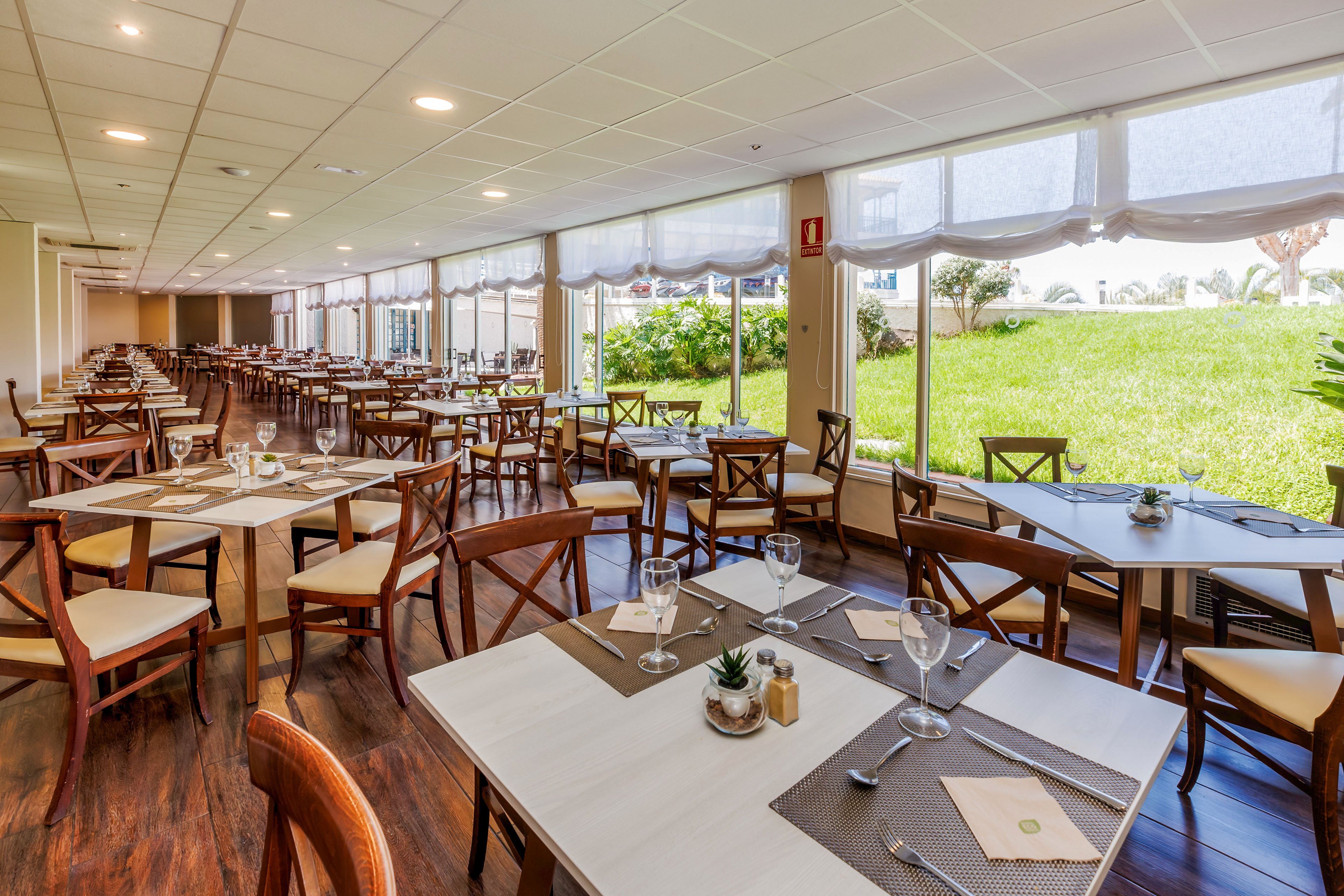 Spacious restaurant dining area with neatly arranged wooden tables and chairs stands empty, ready for guests. Large floor-to-ceiling windows line one side of the room, offering views of a green lawn and trees outside. Tables are set with placemats, cutlery, wine glasses, and small decorative plants, creating a tidy and welcoming atmosphere. Warm lighting and polished wooden floors contribute to a clean, modern, and comfortable dining environment.