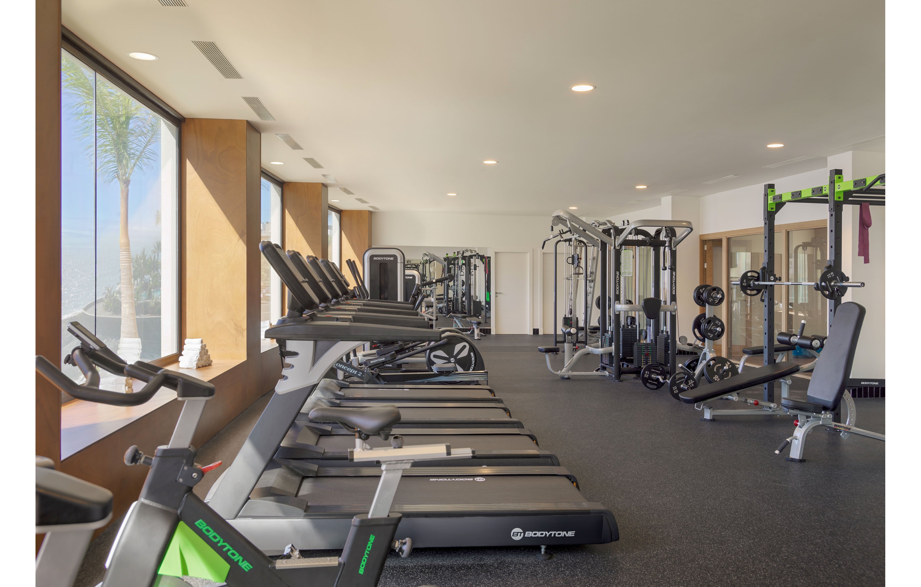 A bright, modern fitness center features a row of treadmills and cardio machines along large windows. Strength training equipment, including weight machines and benches, is arranged neatly across the spacious room. Natural light floods the interior, highlighting the clean, minimalist design and neutral color palette. The gym appears empty, emphasizing the organized layout and ample workout space.
