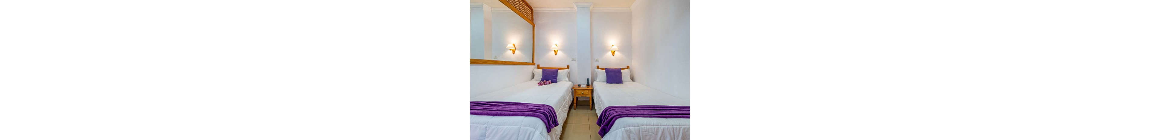 A clean and inviting hotel room features two single beds with white linens and purple throws and pillows. The beds are separated by a wooden nightstand holding a phone and remote control. Wall-mounted lamps provide warm lighting, and a large mirror enhances the sense of space. The overall mood is fresh, tidy, and welcoming, with a simple modern style.