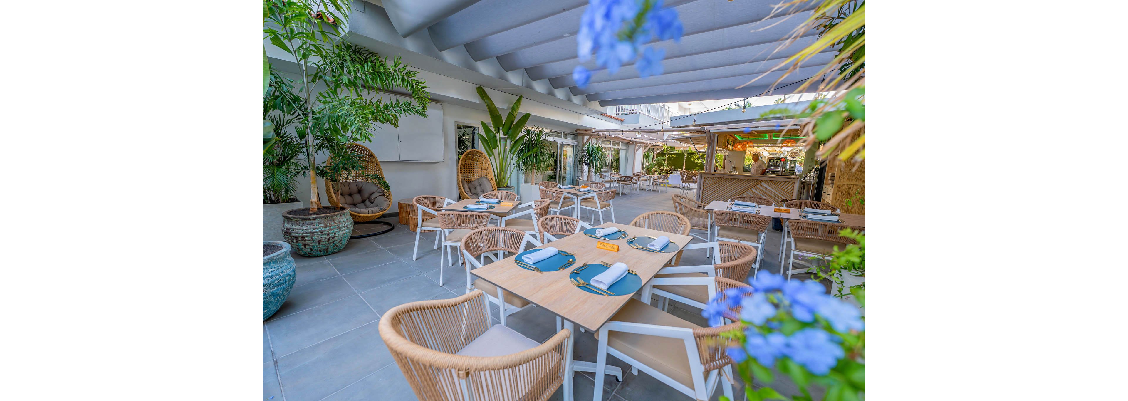The image shows a stylish outdoor dining area featuring wicker chairs and wooden tables set with blue napkins and white plates. The patio is surrounded by lush green plants and has a shaded pergola overhead, creating a relaxed and inviting atmosphere. The setting is bright and airy, with natural light and soft blue accents visible in the decor. No visible text or numeric values are present in the image.