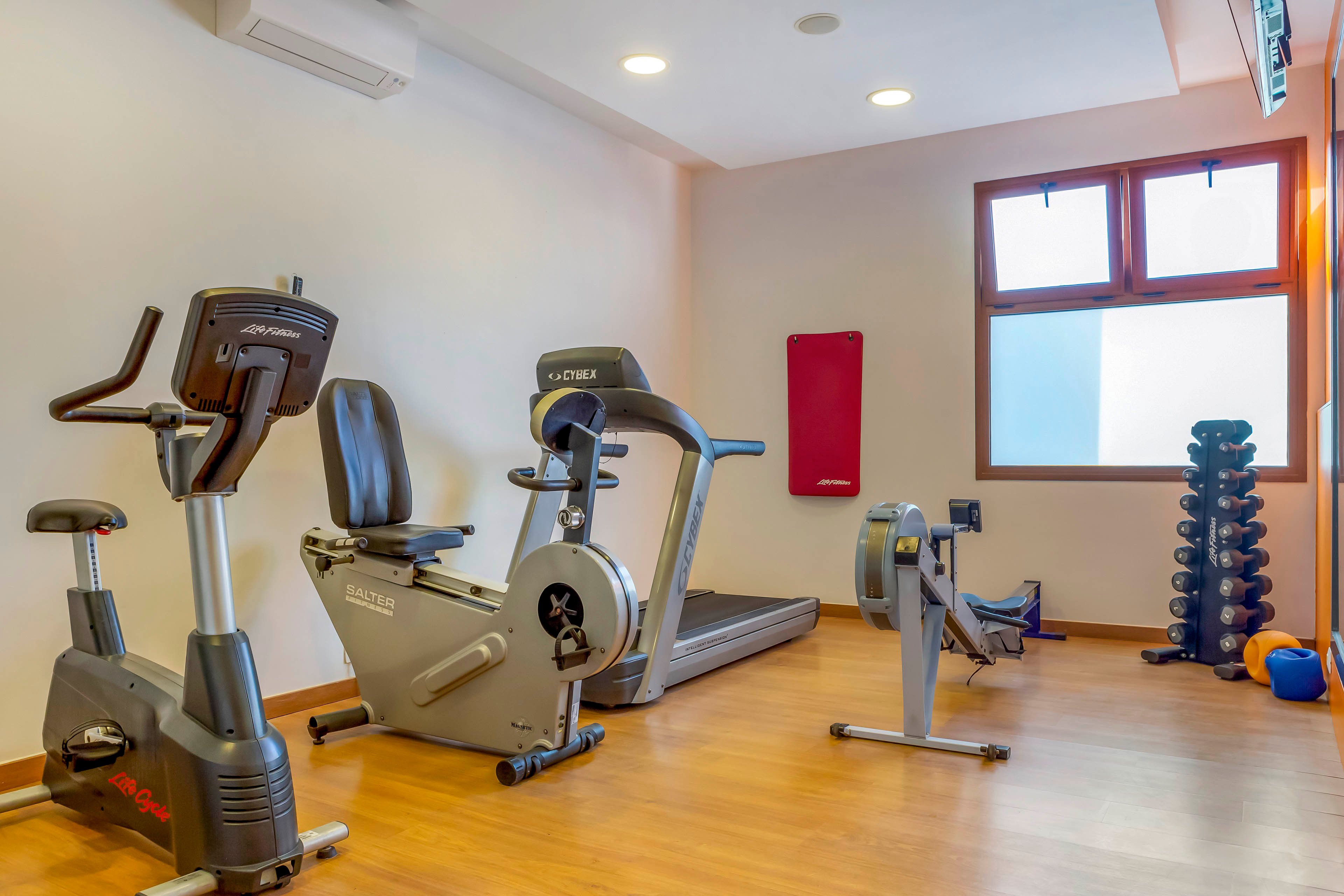 A compact fitness room features several pieces of cardio equipment, including an exercise bike, recumbent bike, treadmill, and rowing machine. The space has wooden flooring, neutral walls, and recessed ceiling lights creating a clean, bright environment. A stack of dumbbells and a red wall-mounted mat add strength-training options and a touch of color. Large windows allow natural light into the room, enhancing the inviting workout atmosphere.