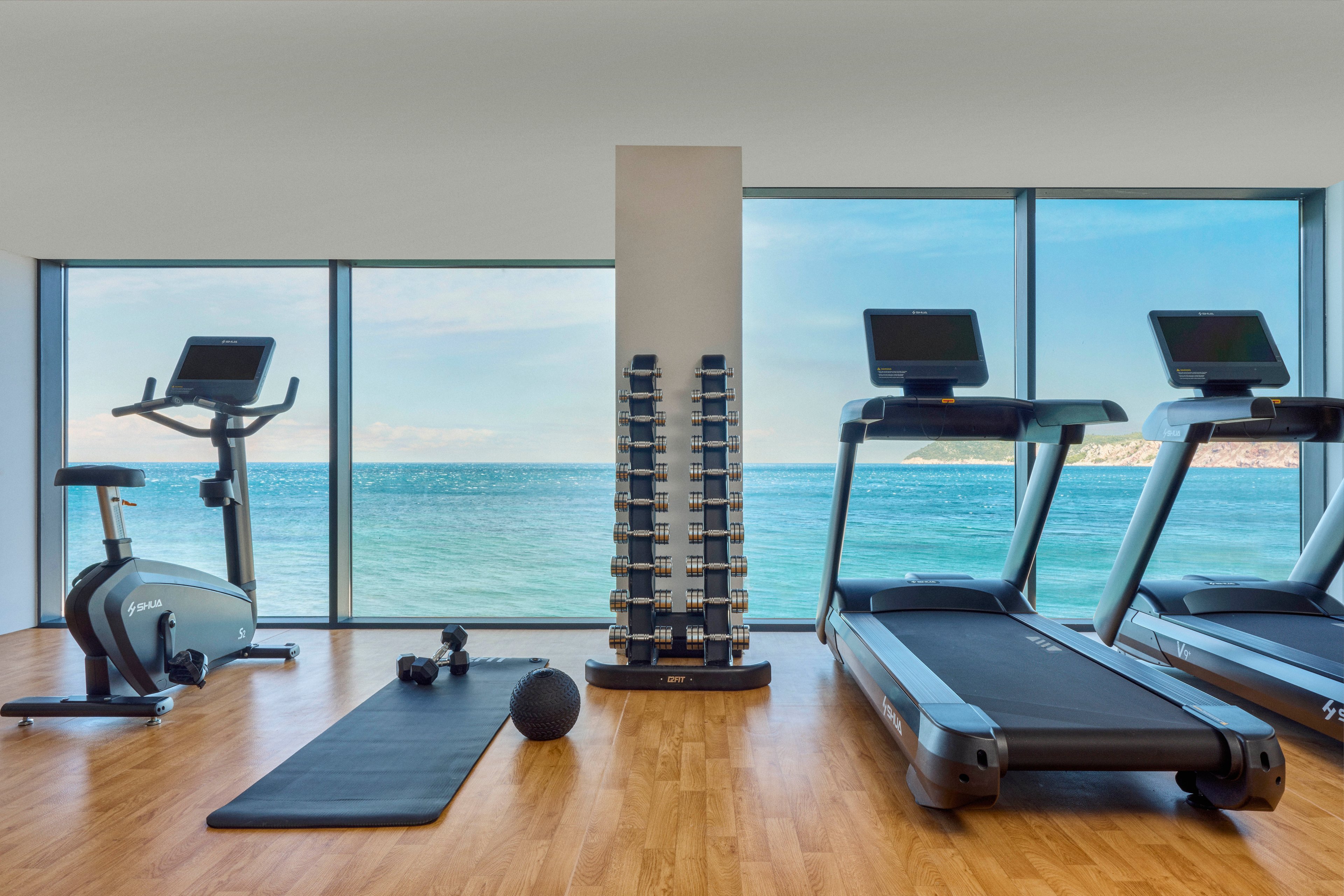 A contemporary fitness room features treadmills, an exercise bike, and a rack of dumbbells facing large windows with an ocean view. A yoga mat, kettlebell, and free weights are arranged neatly on the wooden floor, suggesting a versatile workout space. Natural light floods the room, creating a bright and inviting atmosphere for cardio and strength training. The calm blue sea outside contrasts with the clean, minimal interior design.