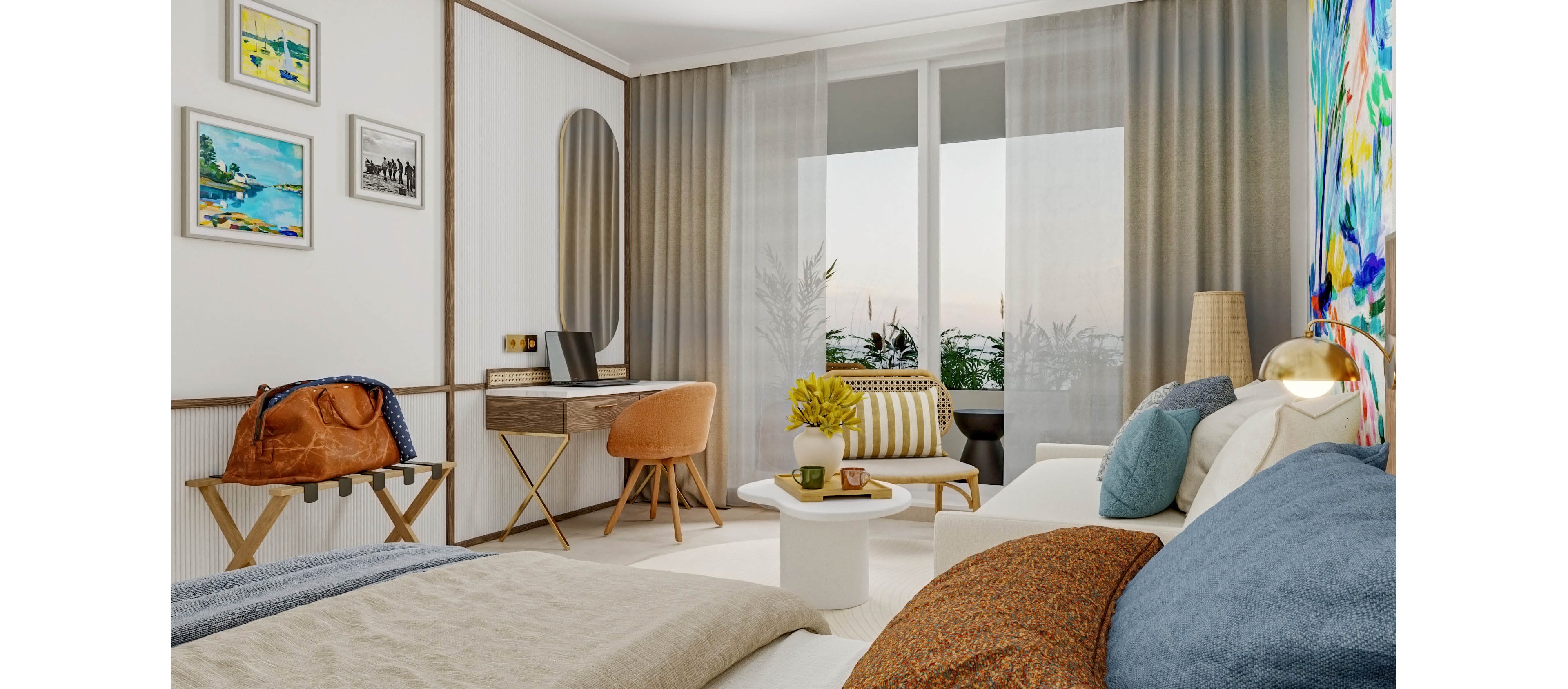 A stylish bedroom featuring a comfortable bed, colorful pillows, and a desk setup. The room is adorned with framed artwork, a large window with sheer curtains, and a vibrant wall design. Neutral tones and pops of color create a warm and inviting atmosphere.
