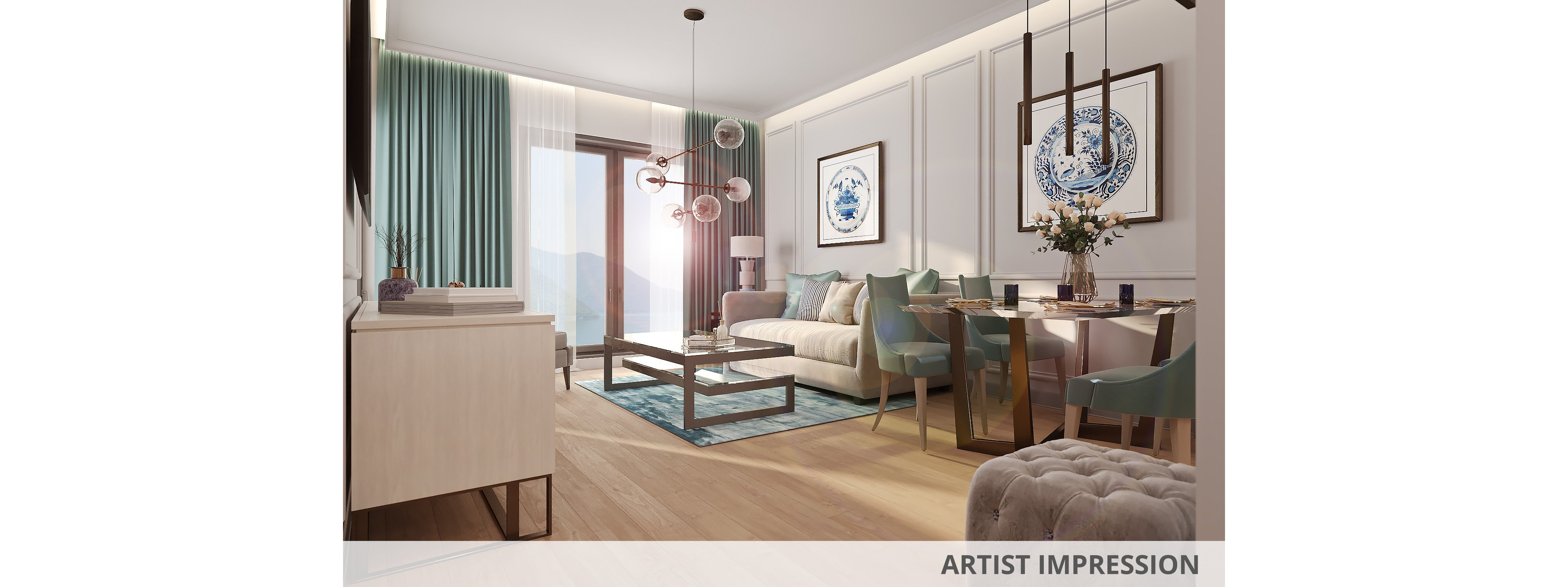 A contemporary living and dining area features a beige sofa, glass coffee table, and teal chairs around a wooden dining table. Large windows with teal curtains allow natural light to fill the space, highlighting the elegant pendant lighting and decorative wall art. The room has a soft, neutral palette with pops of teal and gold, creating a calm and inviting atmosphere. No visible text or numbers are present in the image.