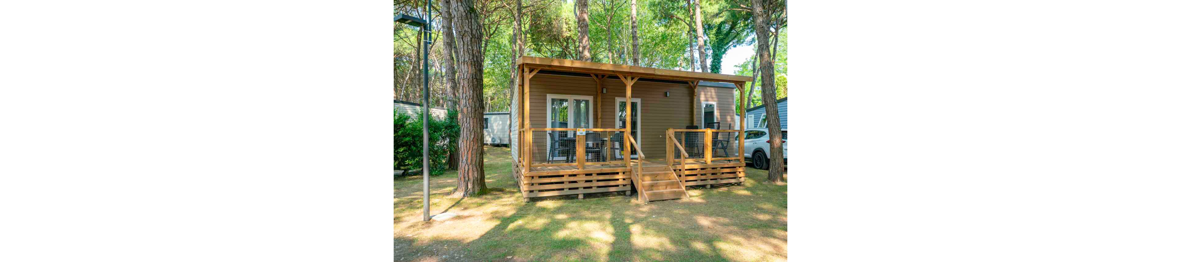 A contemporary wooden cabin with a covered porch is nestled among tall pine trees. The cabin features double glass doors, outdoor seating, and a small staircase leading to the entrance. Sunlight filters through the trees, creating a peaceful and inviting atmosphere. The setting suggests a vacation or retreat location, ideal for relaxation in nature.