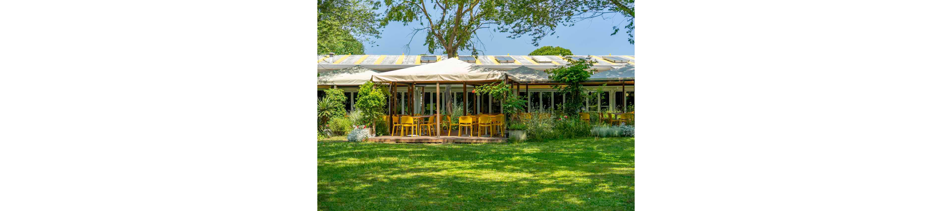 A spacious outdoor restaurant patio features bright yellow chairs and wooden tables under a large white canopy. The setting is lush and green, surrounded by trees and well-maintained garden landscaping. Sunlight filters through the leaves, creating a vibrant and inviting atmosphere. The building in the background has large windows and a modern design, enhancing the open-air dining experience.