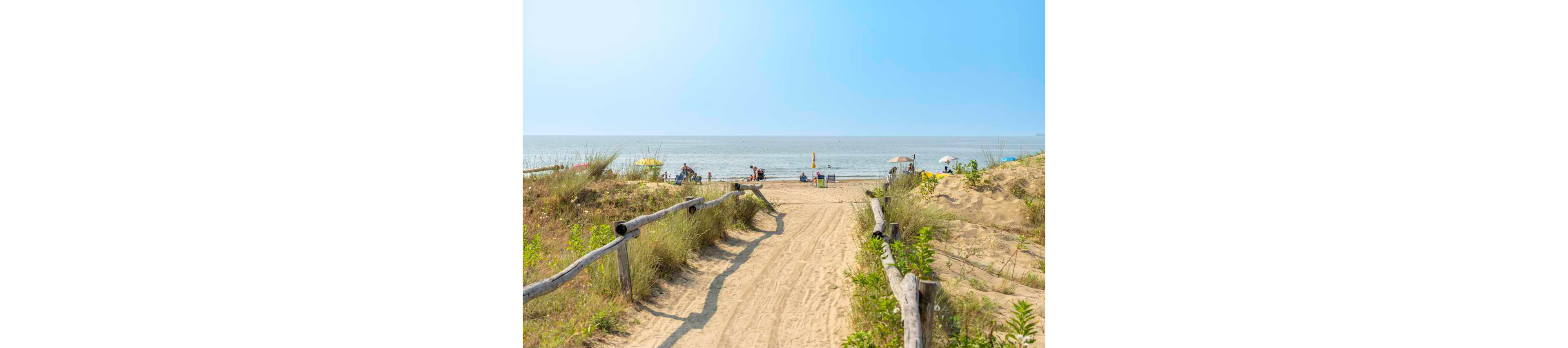 A sandy walkway bordered by wooden railings leads directly to a lively beach scene. People are relaxing under umbrellas and enjoying the calm sea on a bright, clear day. The setting features natural dune vegetation and a wide expanse of blue sky. The overall mood is relaxed and summery, with soft, warm tones dominating the palette. No visible text or numbers are present in the image.