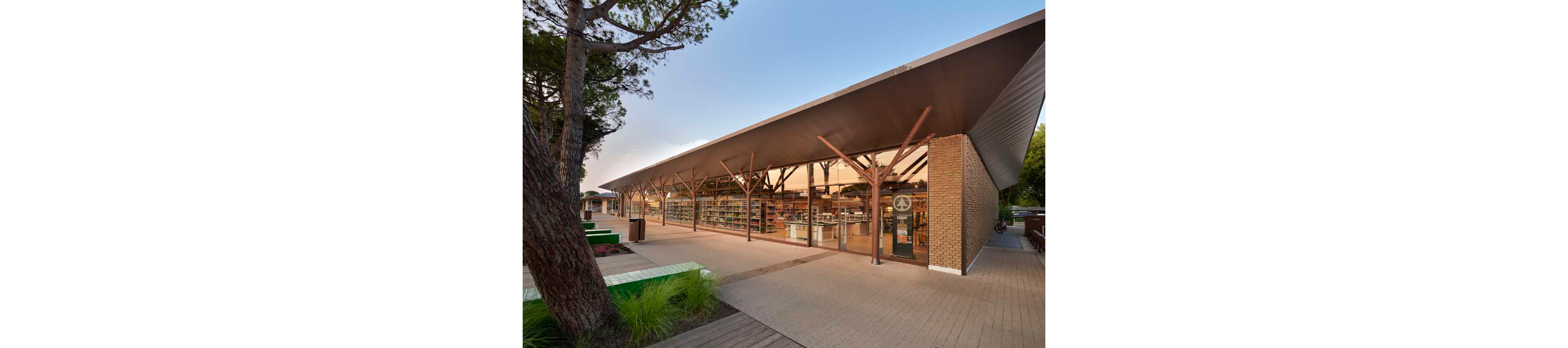 A contemporary library structure features expansive glass walls and a distinctive angular roof. The building is set in a landscaped outdoor area with trees and benches, creating a welcoming public space. Bookshelves and interior lighting are visible through the transparent facade, emphasizing accessibility and openness. The scene is captured during daylight, highlighting the architectural lines and natural surroundings.