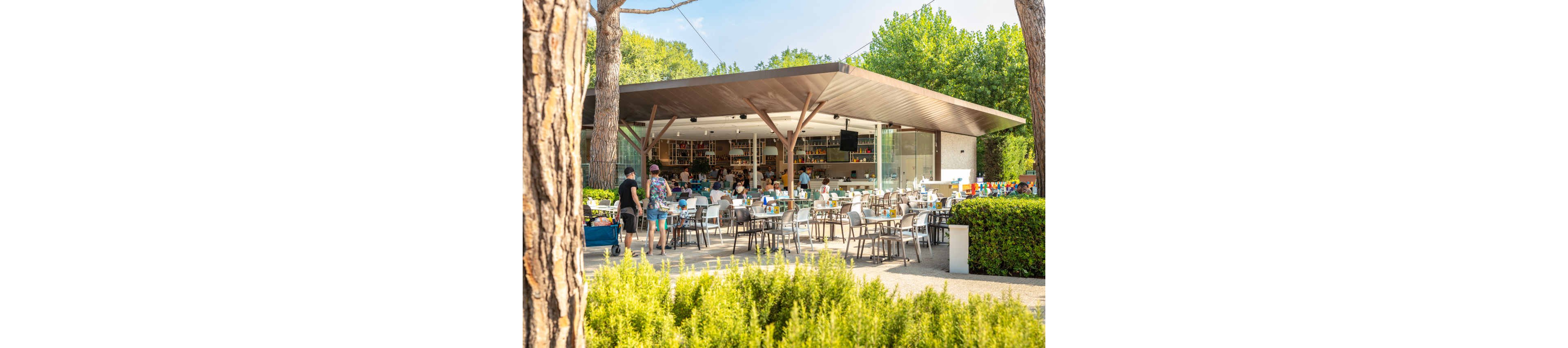 A contemporary café features a spacious outdoor terrace with numerous tables and chairs, surrounded by lush greenery and tall trees. Patrons of various ages are seated and enjoying food and drinks in a relaxed, sunlit atmosphere. The building has a sleek design with glass walls, a flat roof, and a well-stocked bar visible inside. The setting suggests a casual dining experience in a vibrant, natural environment. No visible text or numbers are present in the image.