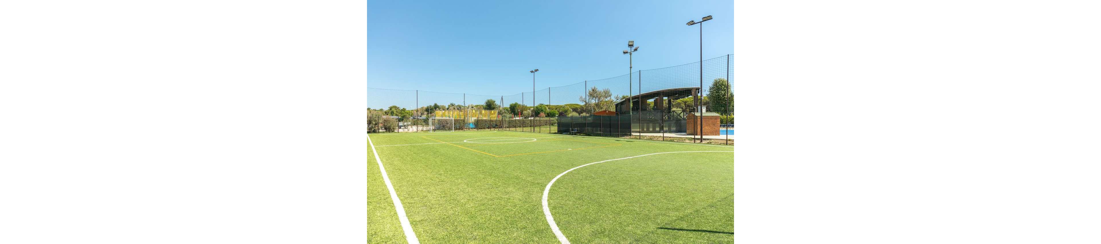 An empty artificial turf soccer field is shown on a sunny day. White field markings curve around the foreground, leading toward a fenced perimeter. Tall floodlights and netted fencing surround the pitch, with trees and low buildings visible in the background. The bright blue sky and vivid green grass create a clean, open atmosphere.
