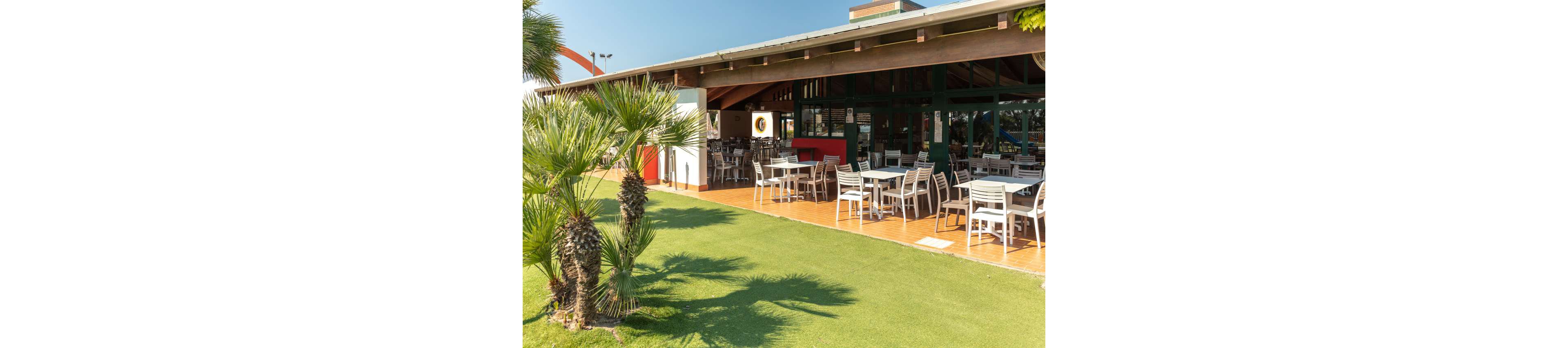 An open-air restaurant terrace features numerous empty tables and chairs arranged on a wooden deck. The space is partially covered by a roof, with large glass windows and a red counter area visible inside. Lush green grass and several palm trees frame the foreground, adding a tropical feel. The scene is brightly lit by sunlight under a clear blue sky, suggesting a warm, relaxed atmosphere.