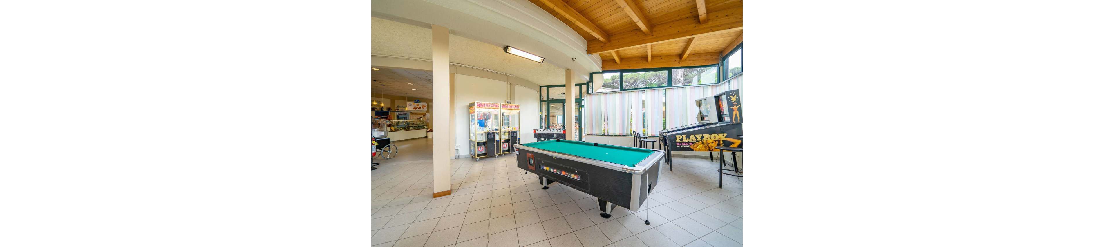 A spacious indoor recreation room features a central pool table on a tiled floor. In the background, arcade claw machines and a pinball-style game cabinet add to the entertainment options. Large windows with vertical blinds let in natural light and reveal greenery outside. The wooden ceiling and open layout create a casual, family-friendly atmosphere.