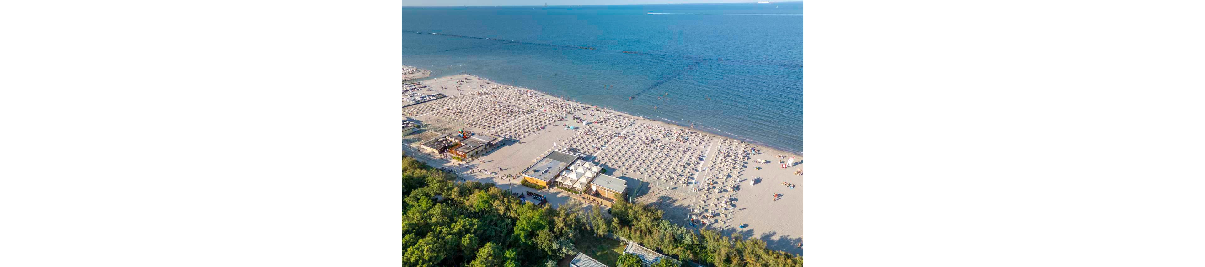 An aerial view shows a wide sandy beach lined with rows of sun loungers and umbrellas. The shoreline is busy with people relaxing near the water and walking along the coast. Several low buildings and beach bars sit between the sand and a strip of green trees. Calm blue sea stretches to the horizon with a few distant boats visible.