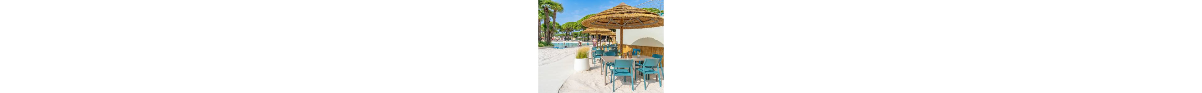 An outdoor cafe area with turquoise chairs and wooden tables sits beside a bright resort swimming pool. Straw parasols provide shade over the seating on a sandy, beach-like surface. In the background, people relax and swim in the pool surrounded by lush green palm trees and pines. The scene is sunny and inviting, evoking a relaxed vacation atmosphere.