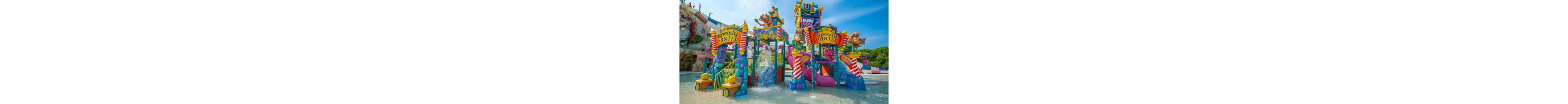 A vibrant water playground structure called Speedy Castle stands in a shallow pool. Brightly colored towers, slides, and climbing areas are decorated with cartoon animal figures. Water cascades from overhead features, creating splashes and streams for children to play in. The scene is set outdoors under a clear blue sky, suggesting a fun day at a water park.